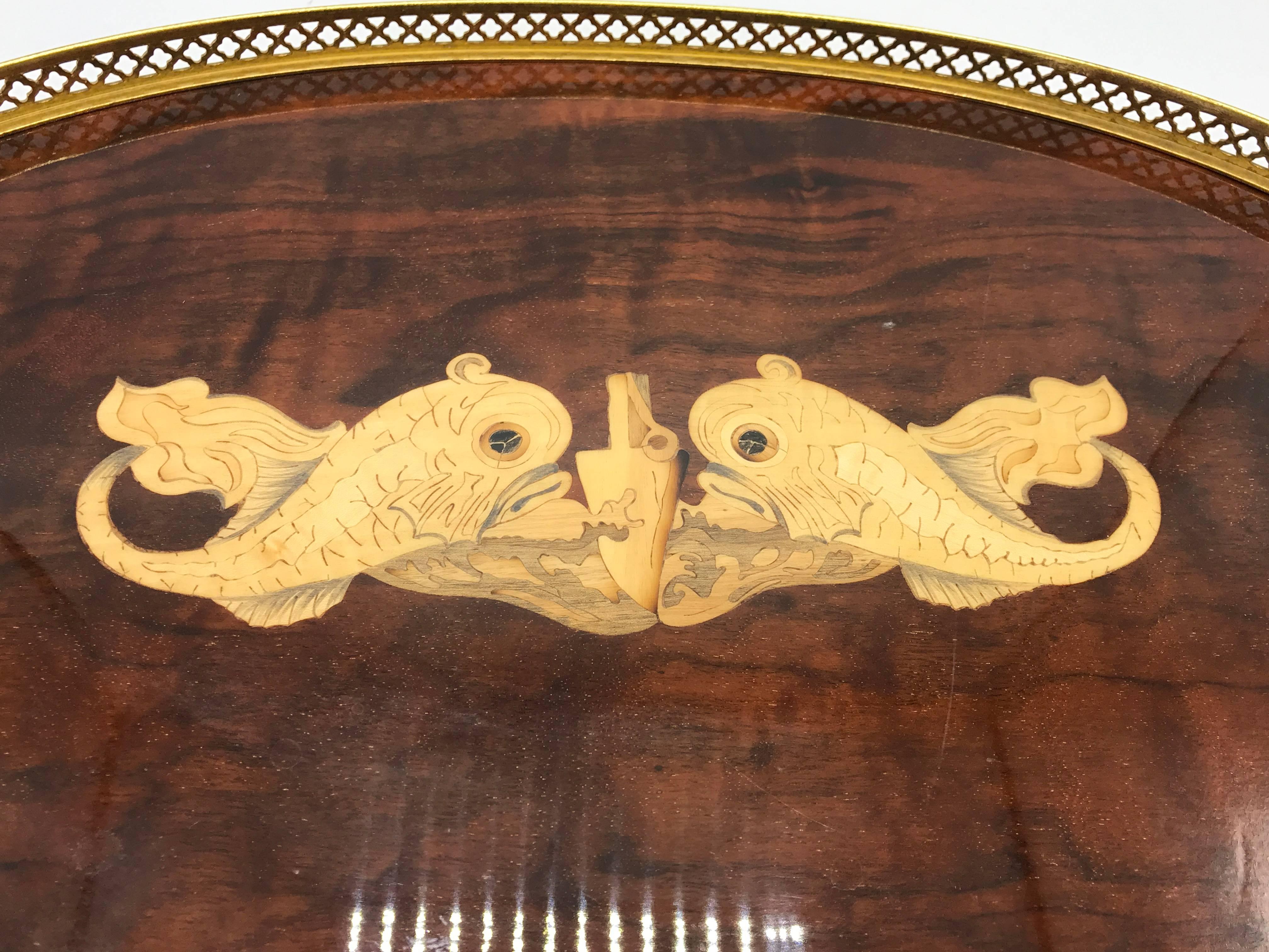 20th Century 1950s Italian Inlaid Lacquered Tray with Koi Fish Motif and Brass Gallery