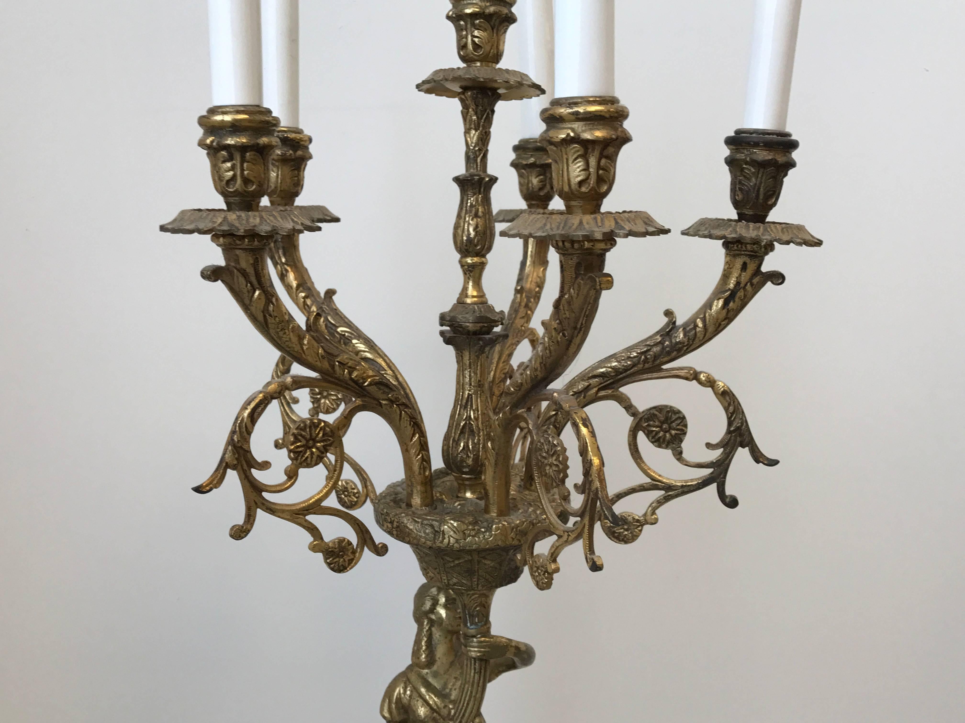 19th Century French Art Nouveau Bronze Woman Sculptural Six-Arm Candelabra Lamp 1