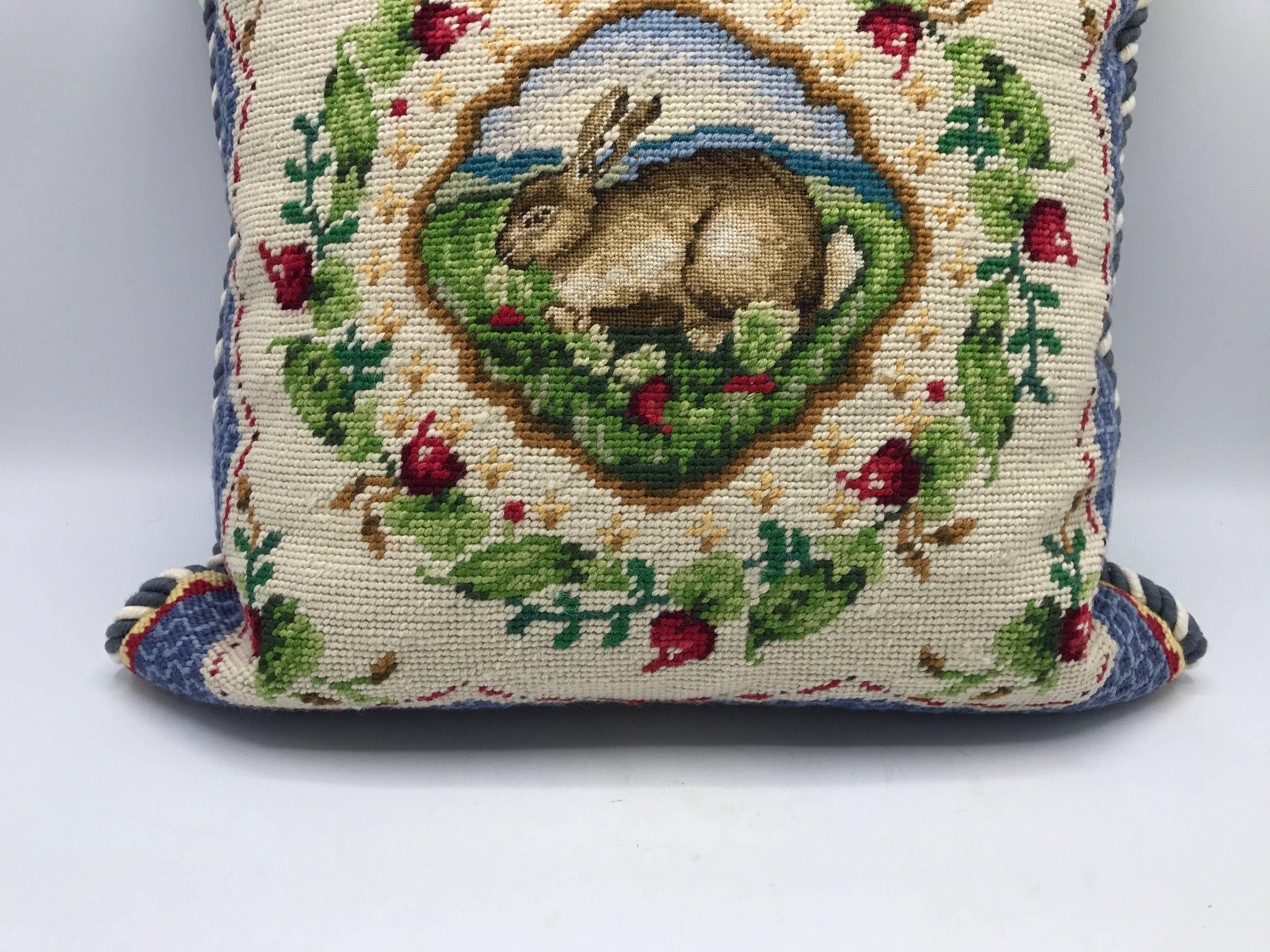 American Classical Blue and White Needlepoint Pillow with Floral and Rabbit-Hare Motif, 1960s For Sale