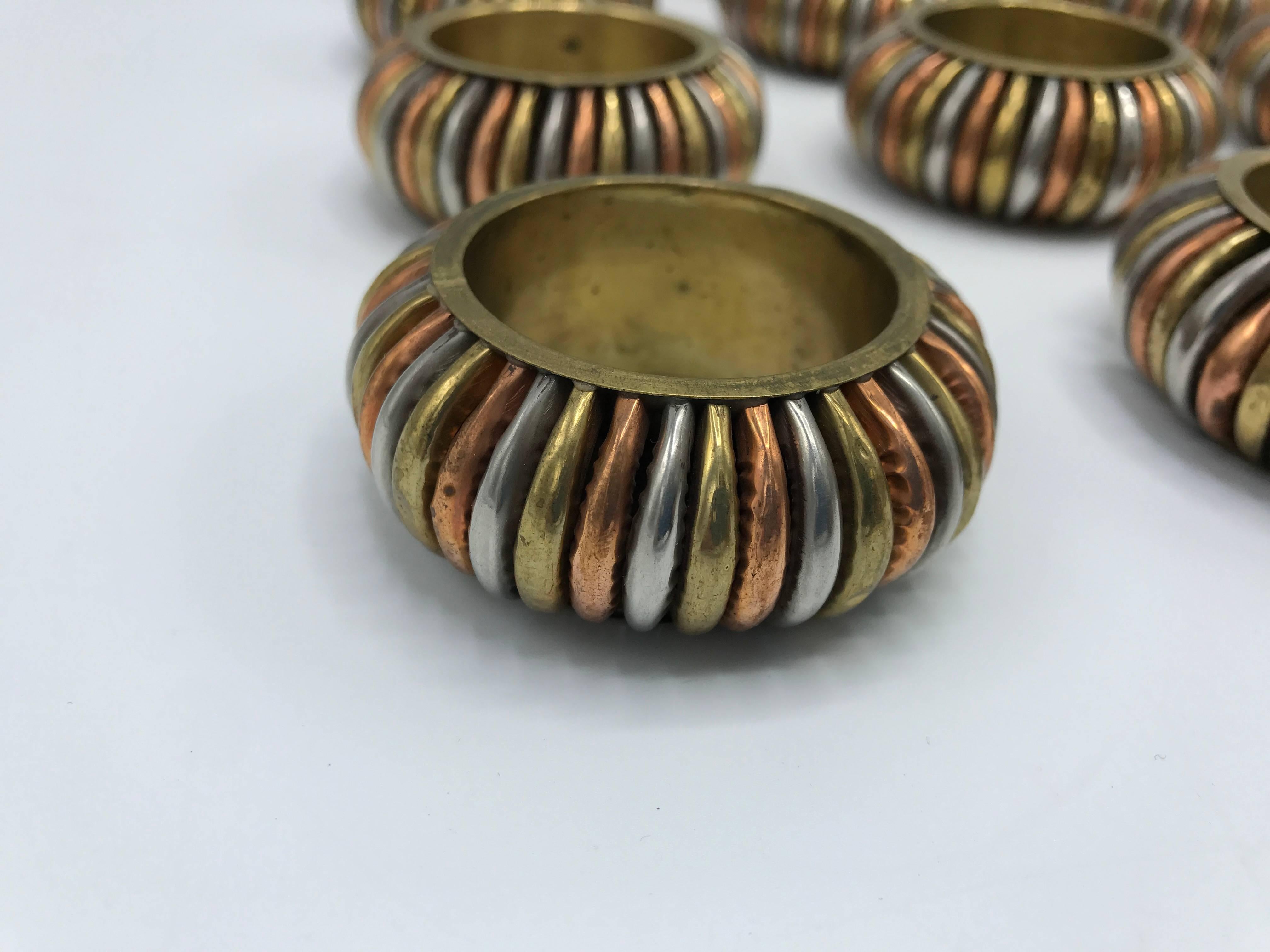 1970s Modern Brass and Copper Napkin Rings, Set of 16 In Good Condition In Richmond, VA