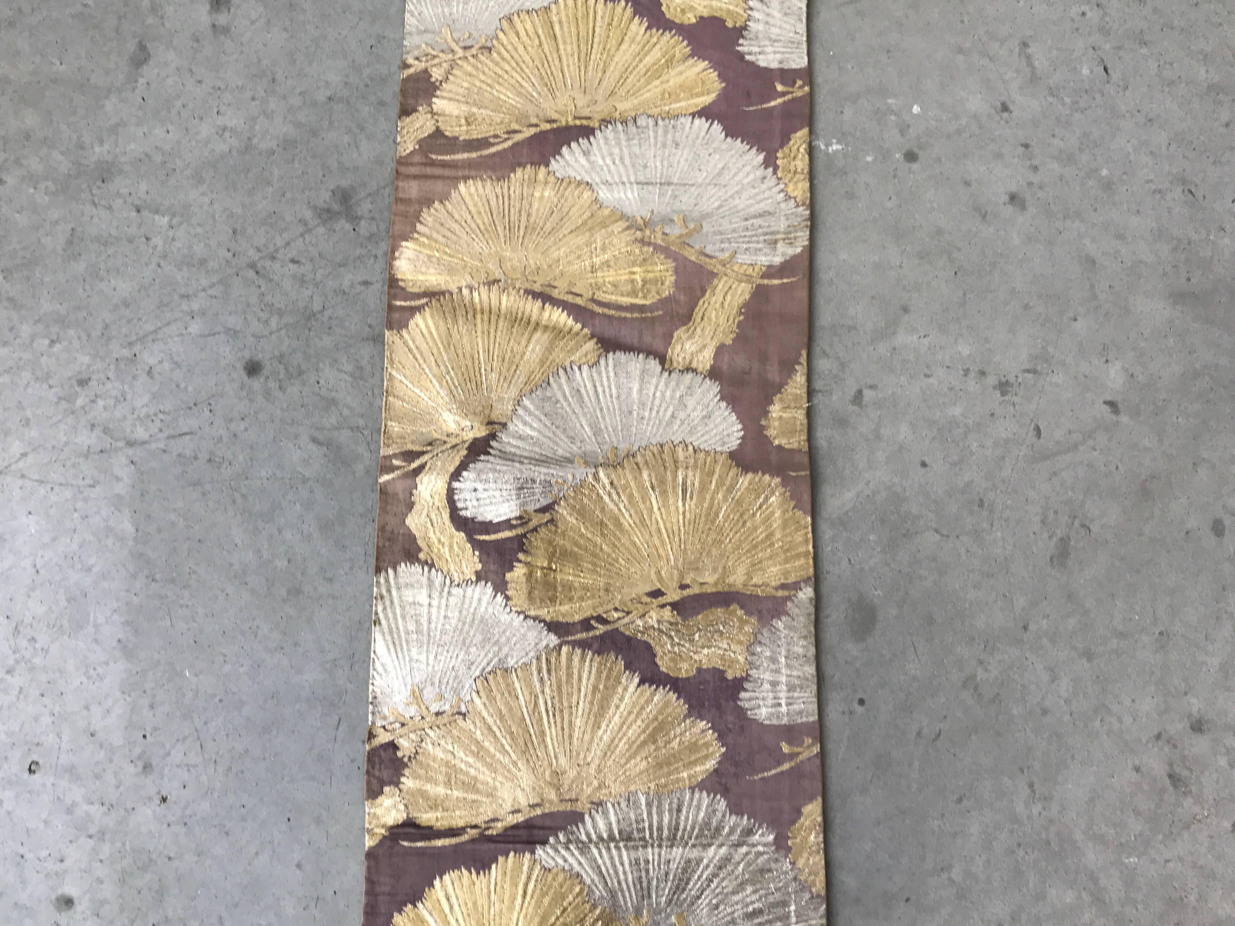 Chinoiserie 1960s Purple Japanese Obi Table Runner with a Silver and Gold Ginkgo Leaf Motif