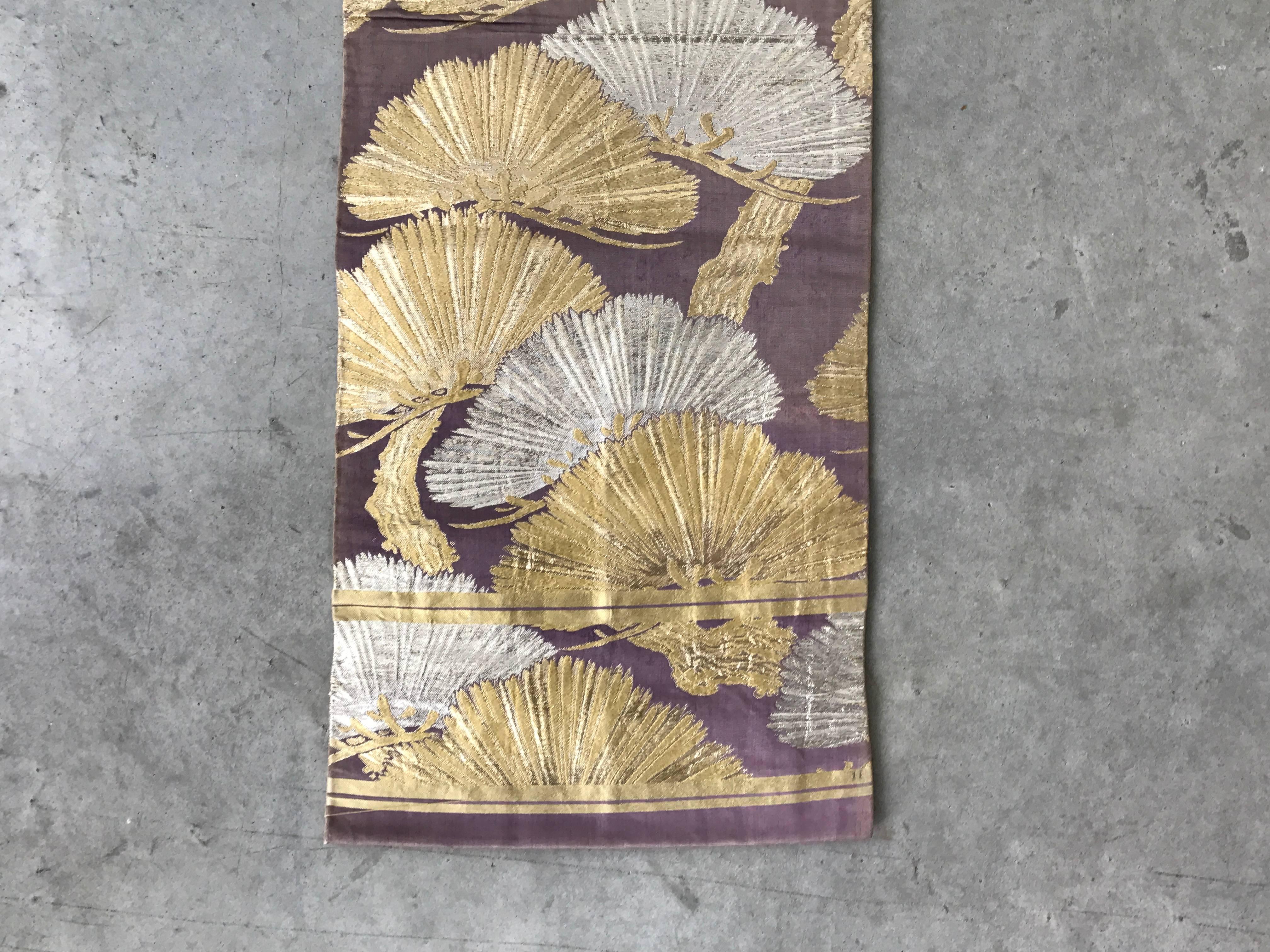 Embroidered 1960s Purple Japanese Obi Table Runner with a Silver and Gold Ginkgo Leaf Motif