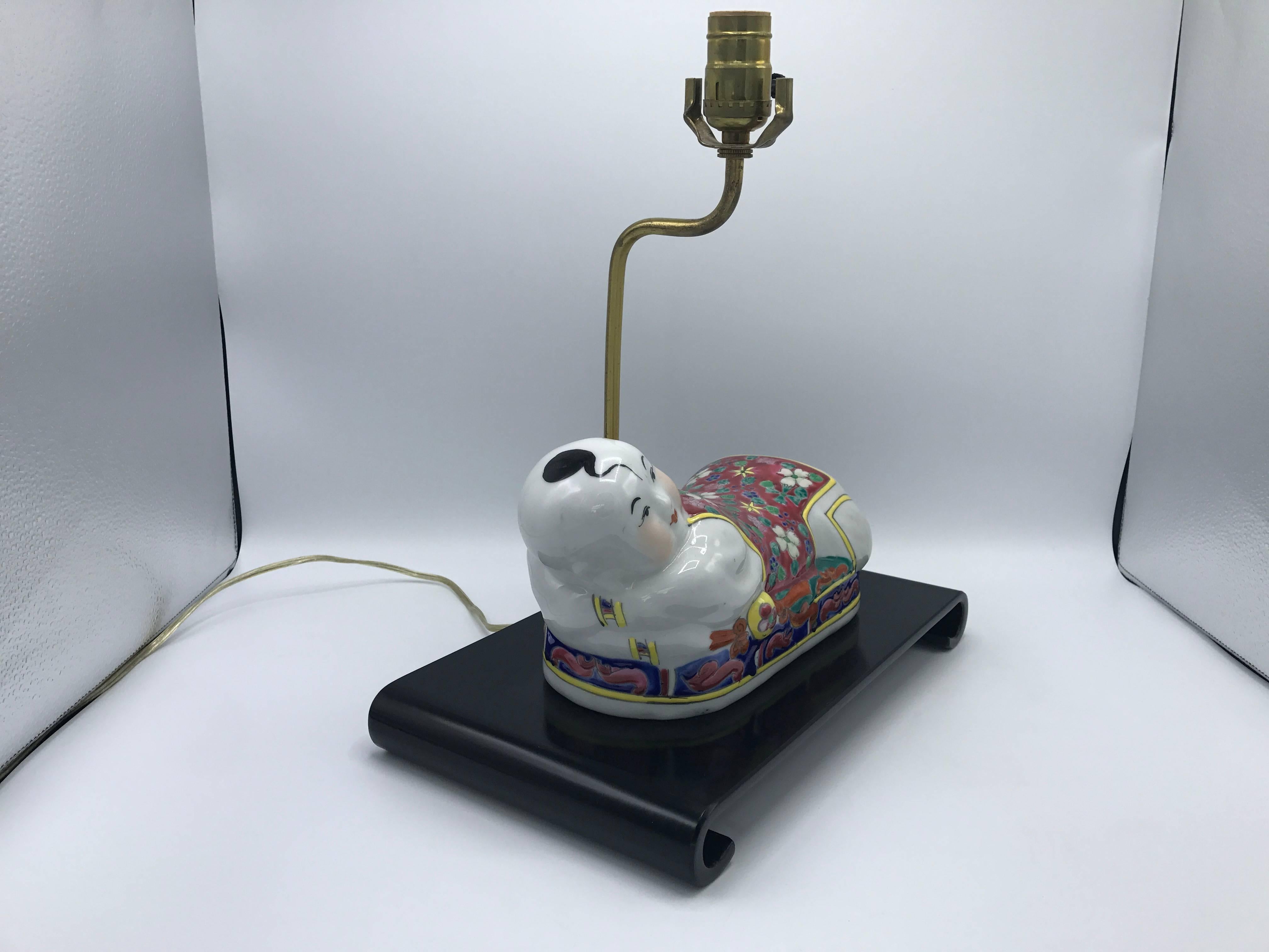 20th Century 1970s Chinese Polychrome Ceramic Opium Figural Pillow Lamp