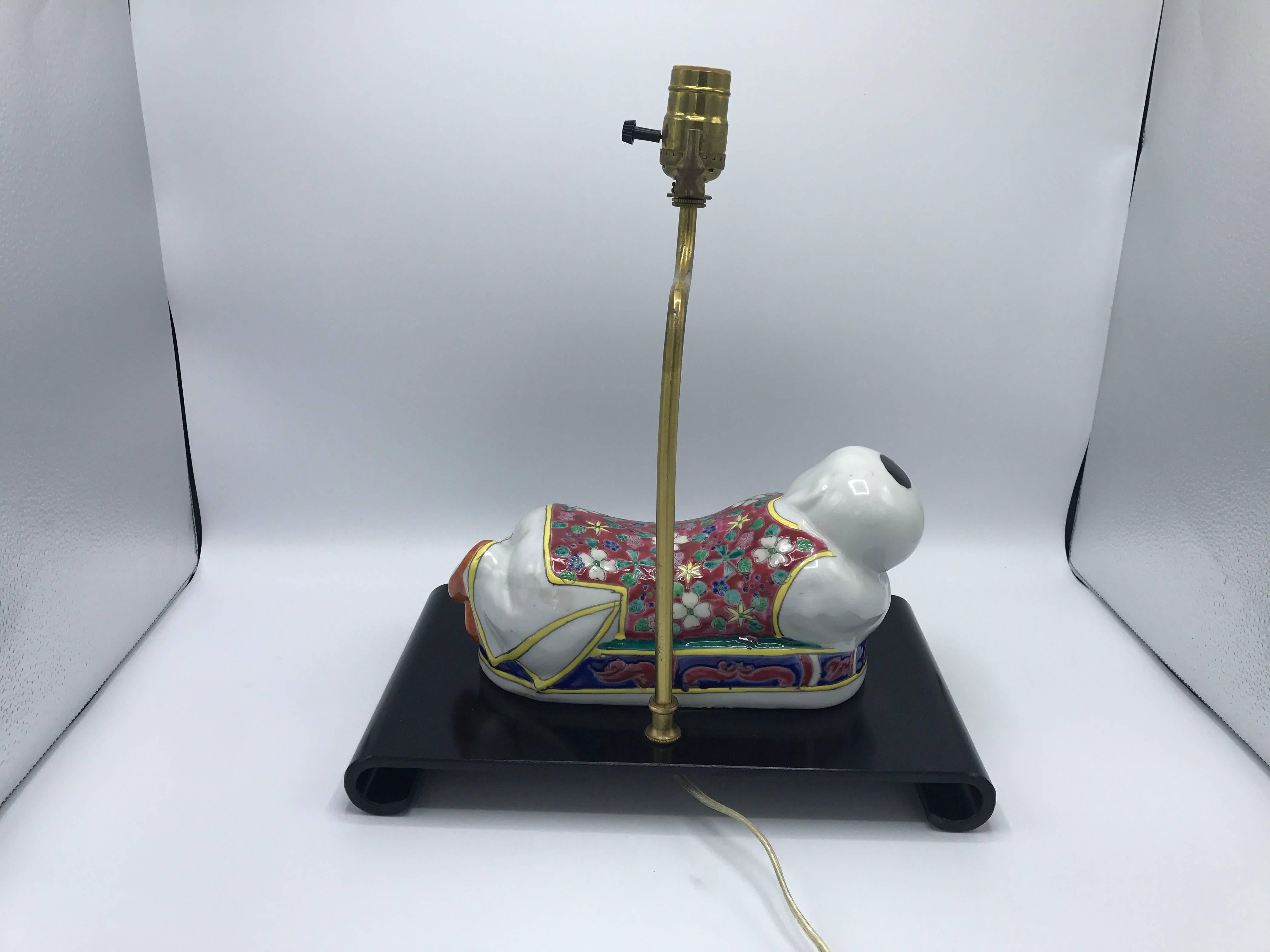 1970s Chinese Polychrome Ceramic Opium Figural Pillow Lamp 1