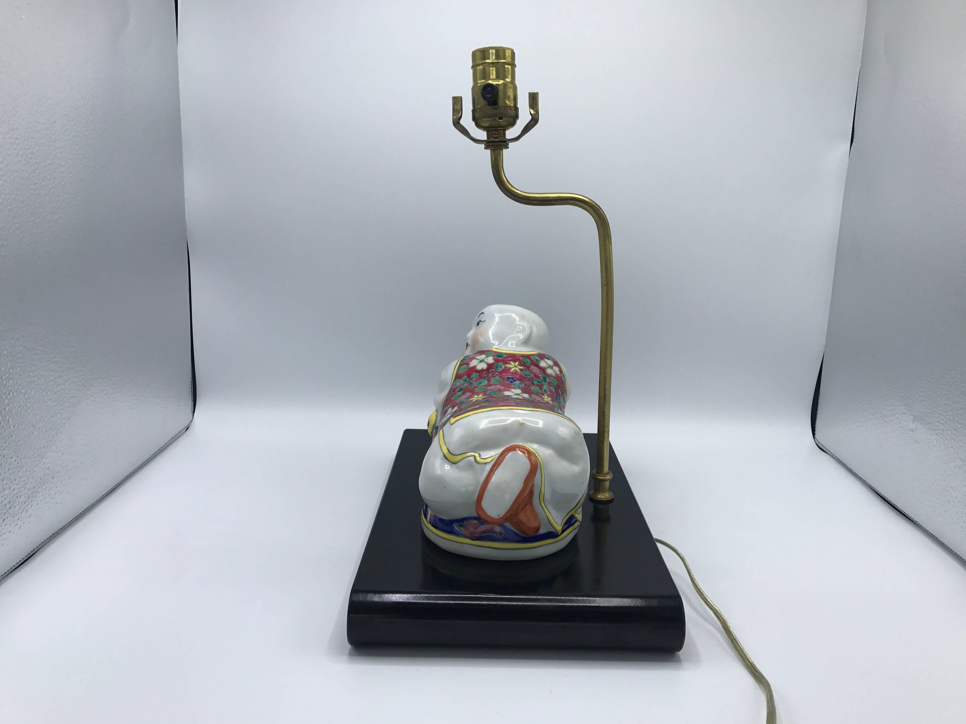 1970s Chinese Polychrome Ceramic Opium Figural Pillow Lamp 3