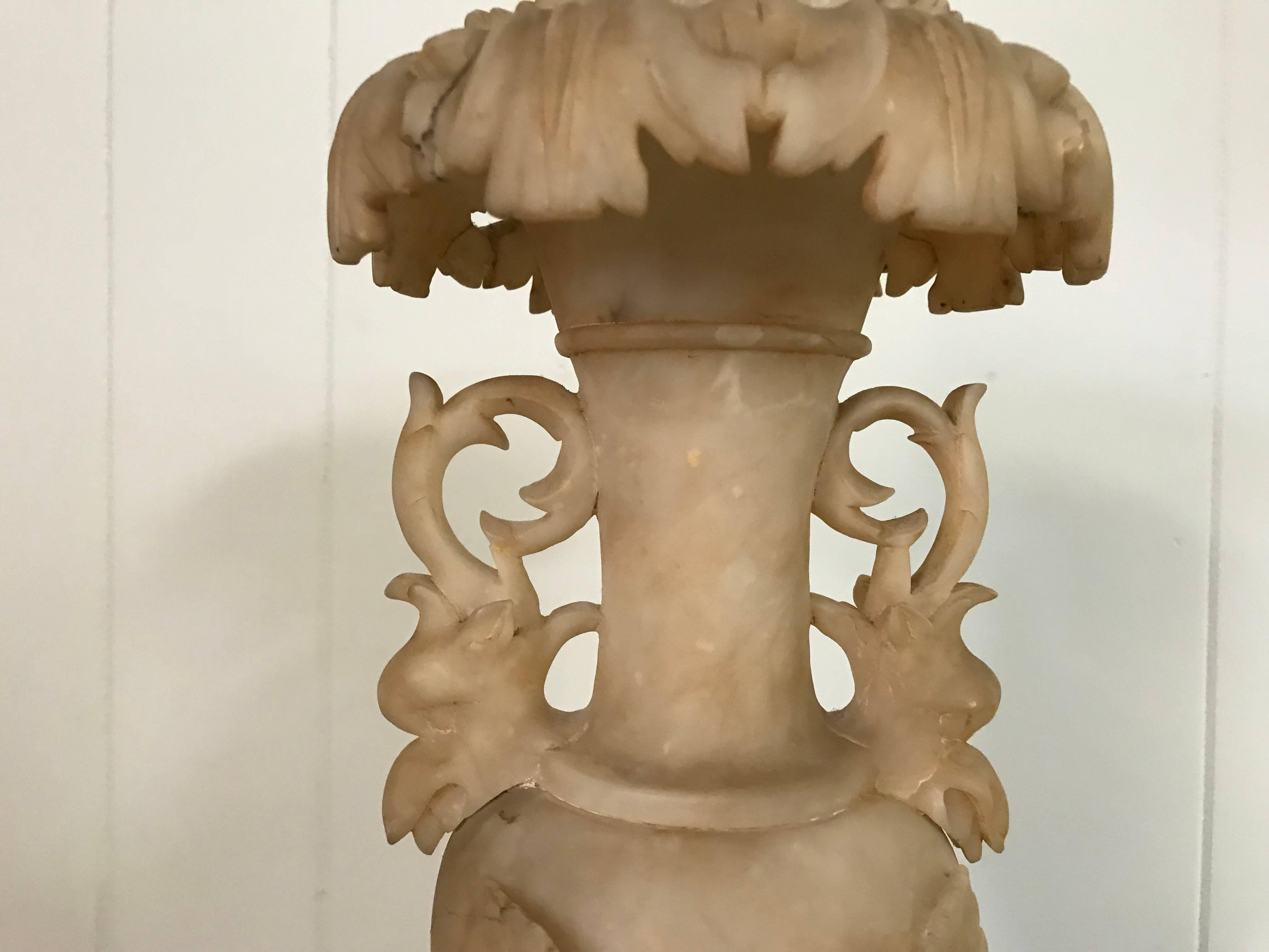 19th Century Italian Alabaster Urn with Hand-Carved Floral and Dragon Motif In Good Condition In Richmond, VA