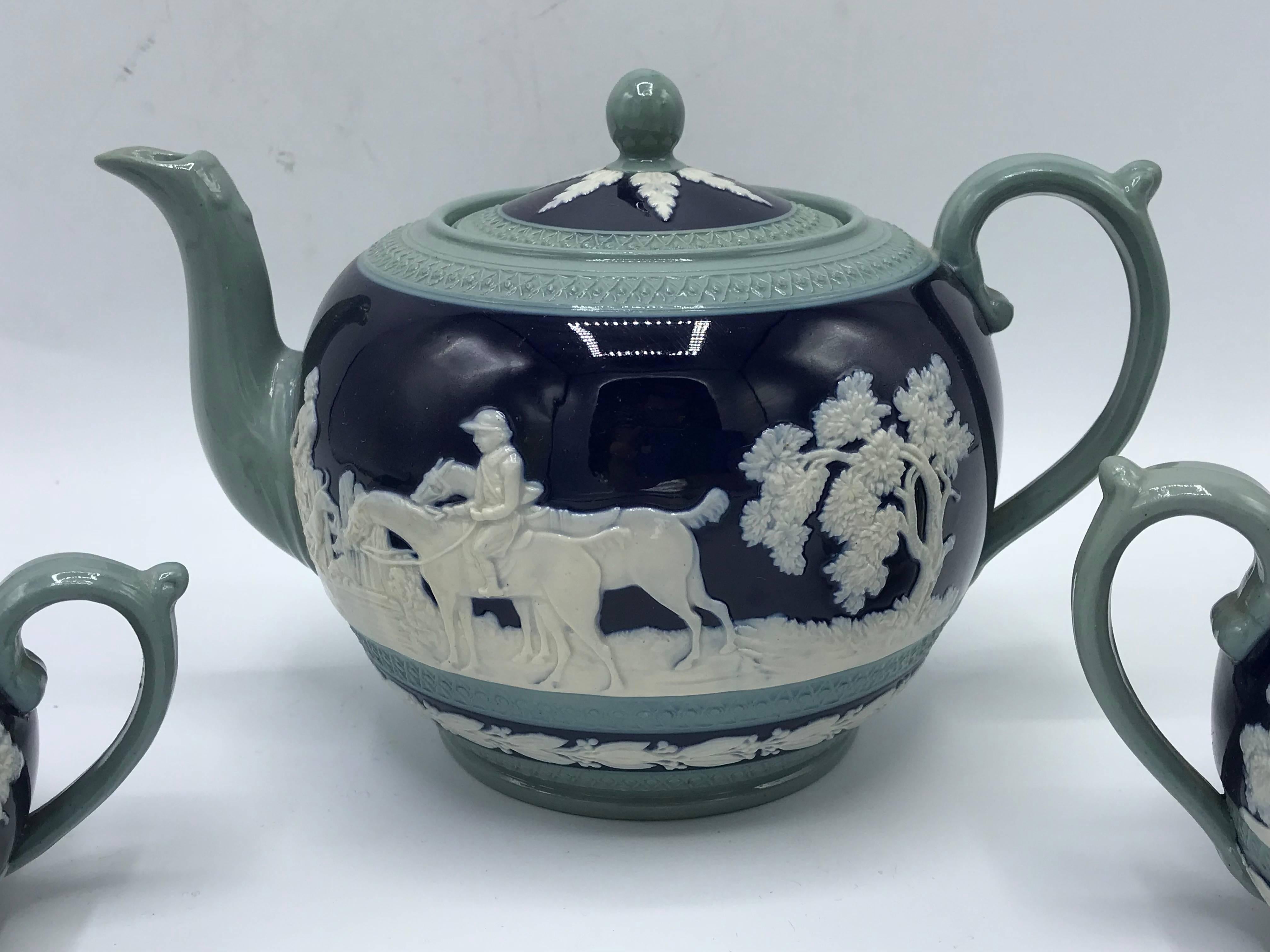 Regency 19th Century Copeland Spode Cobalt and White Hunting Scene Tea Set, Set of Three