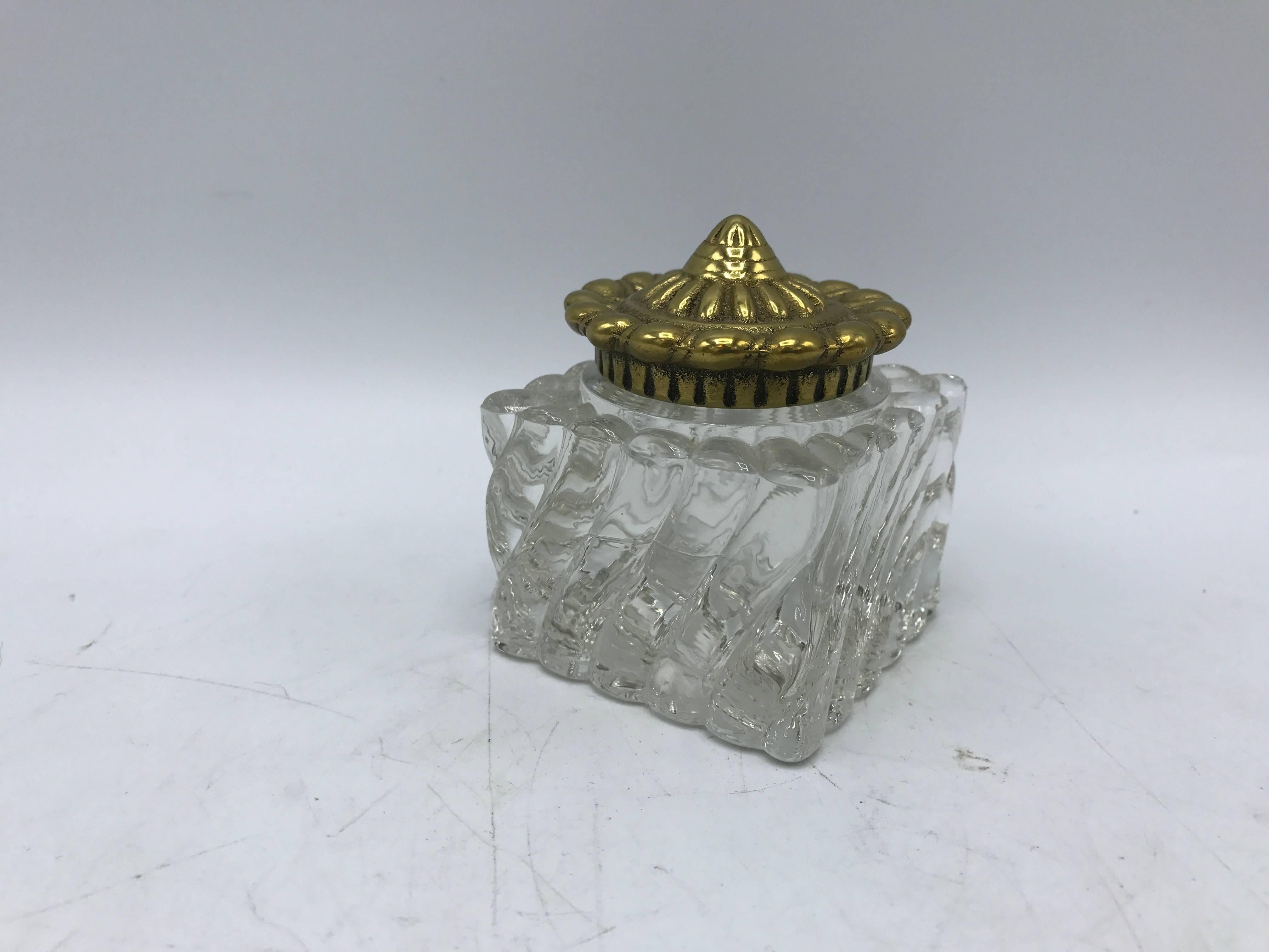 Offered is a stunning, 20th century, 1970s Virginia Metal Crafters brass and cut-crystal glass inkwell. Stamped 