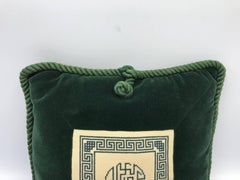 1960s Chinoiserie Needlepoint and Green Velvet Pillow