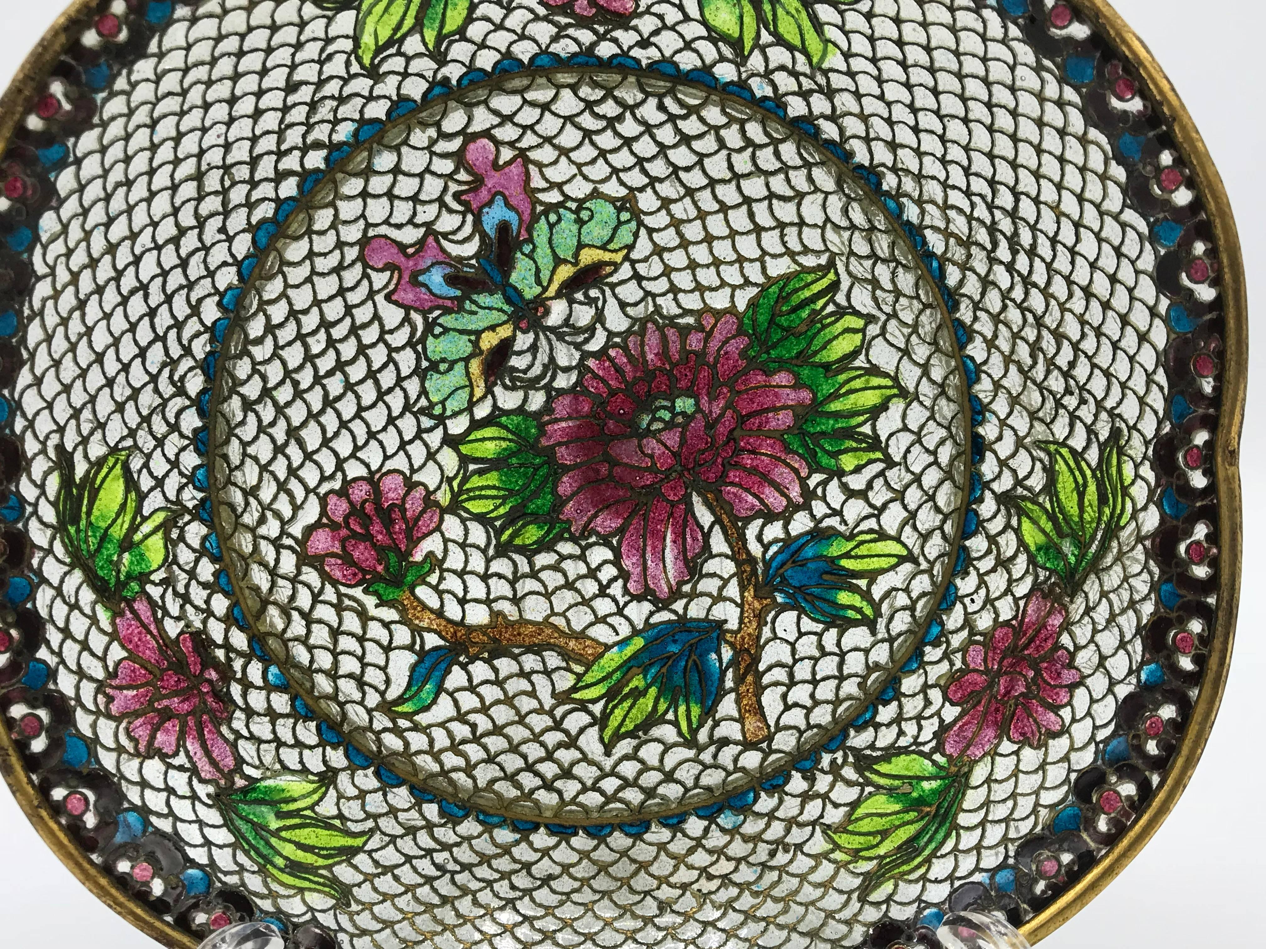 Art Nouveau 19th Century French Plique a Jour Cloisonné Mosaic Dish with Floral Motif
