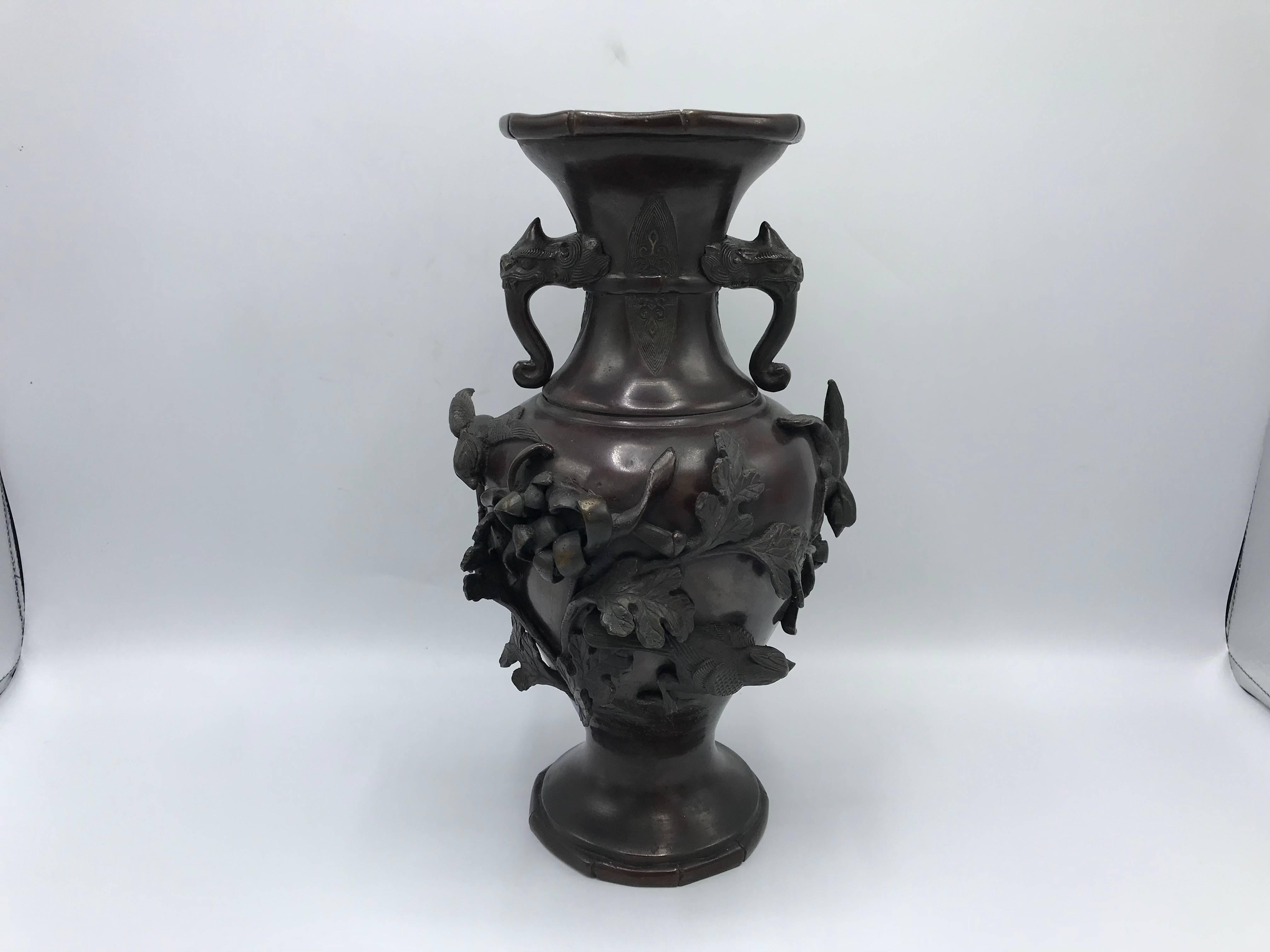 Chinese Export 19th Century Meiji Period Bronze Vase with Faux Bamboo and Sculptural Animals