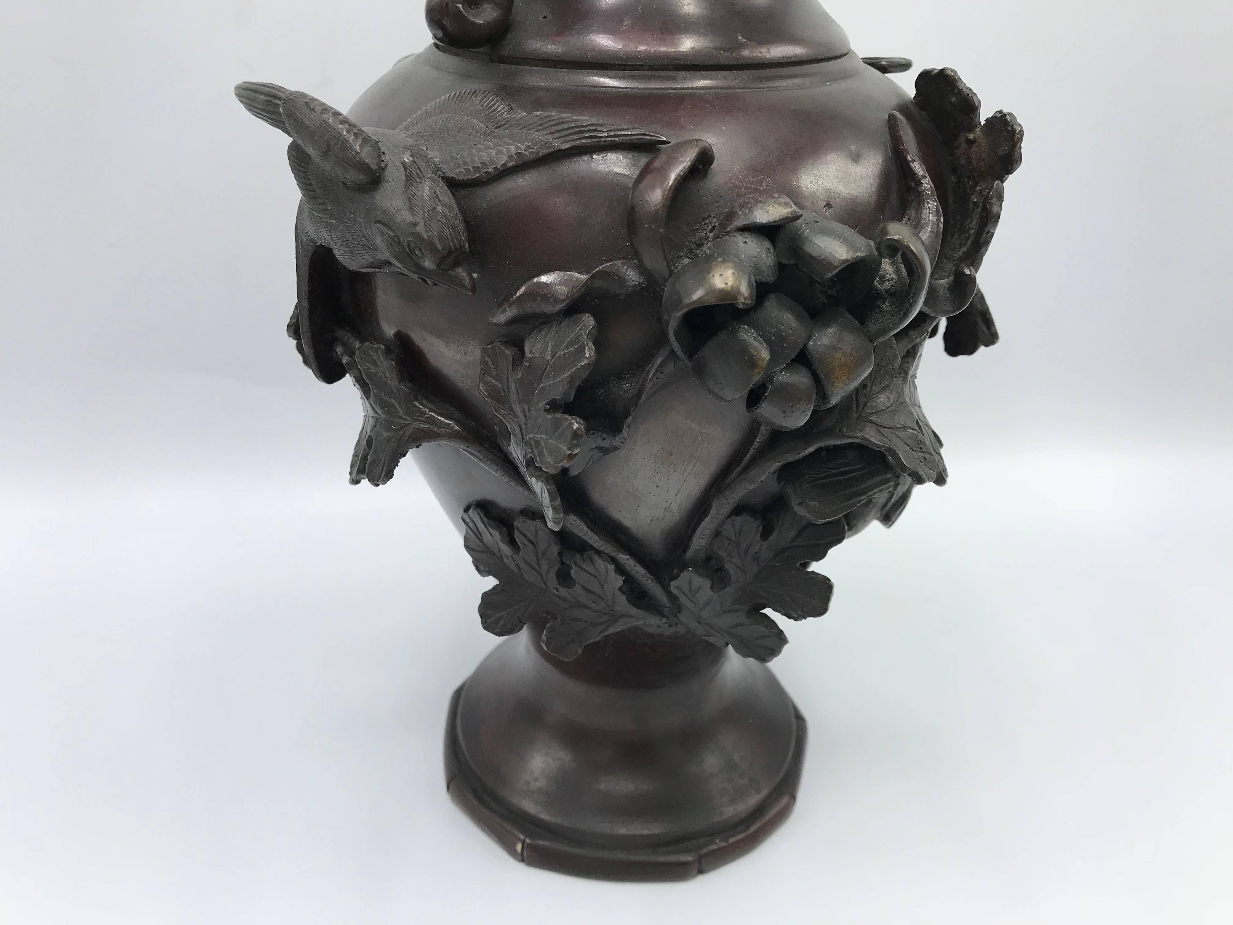 Asian 19th Century Meiji Period Bronze Vase with Faux Bamboo and Sculptural Animals