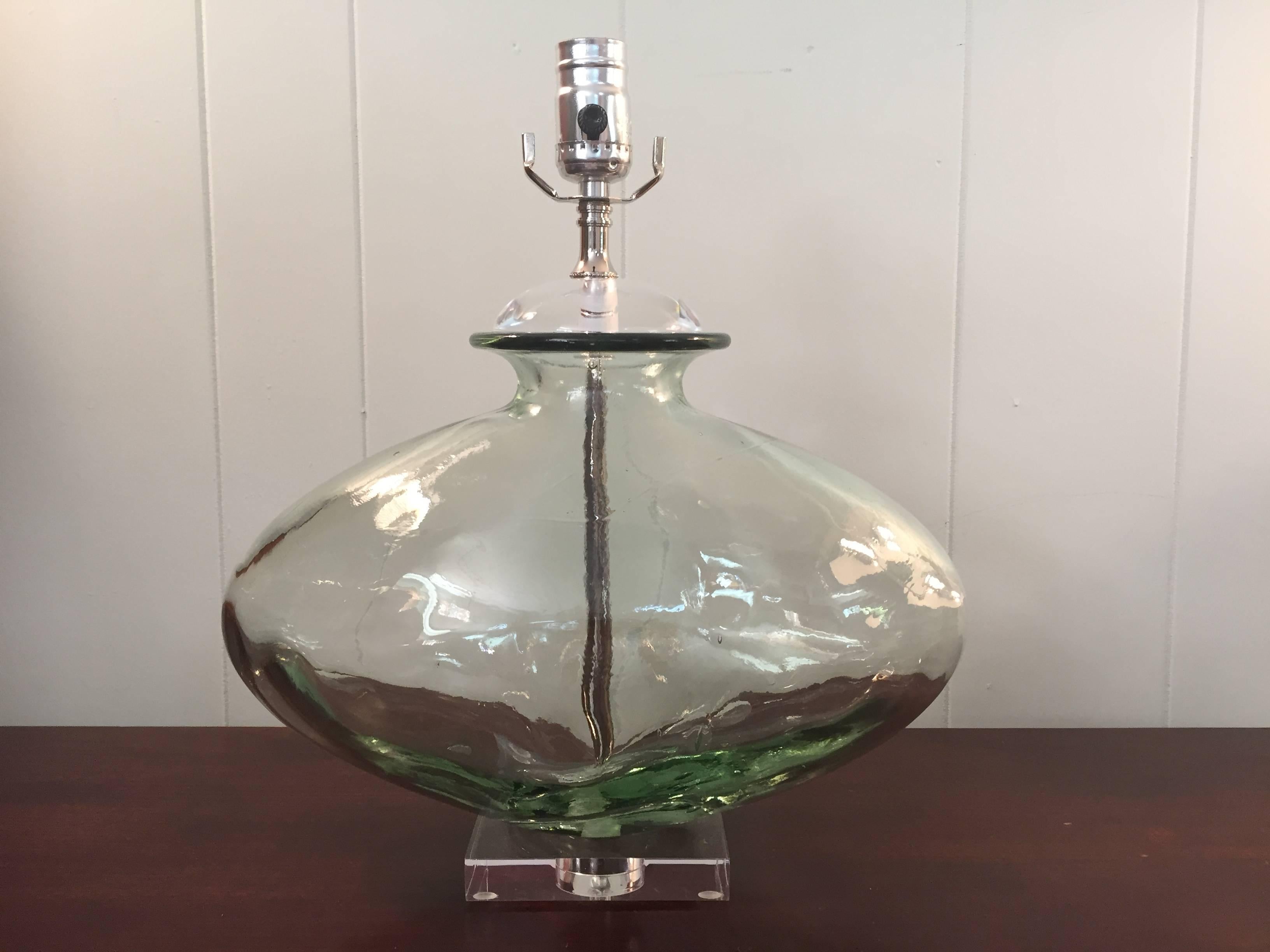 Modern 1970s Pale Green Blown Glass Lamp with Lucite Base