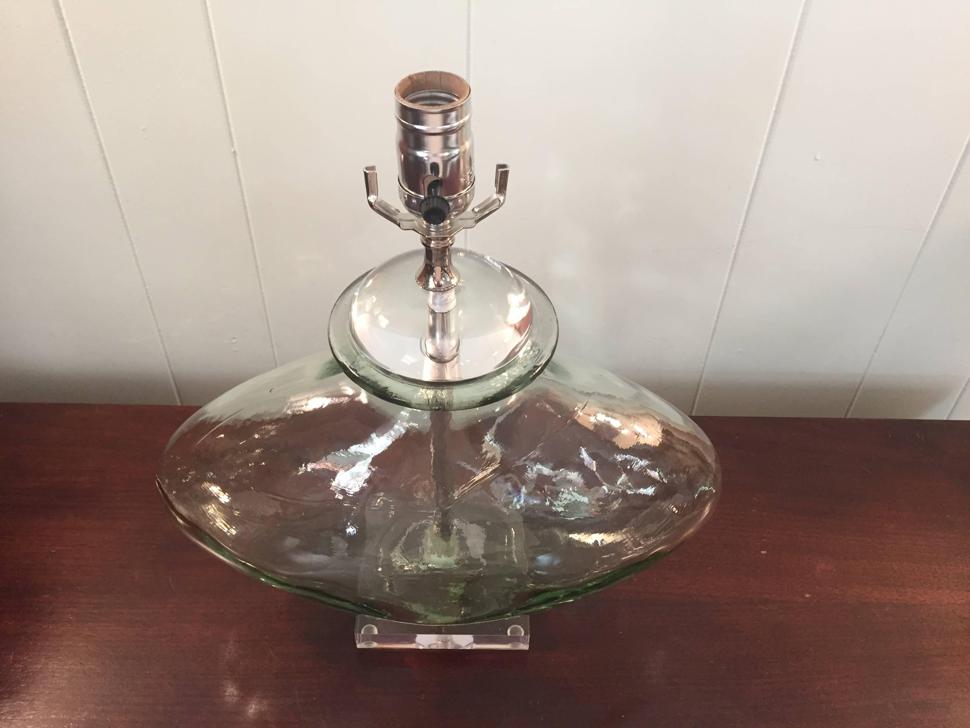 1970s Pale Green Blown Glass Lamp with Lucite Base In Excellent Condition In Richmond, VA