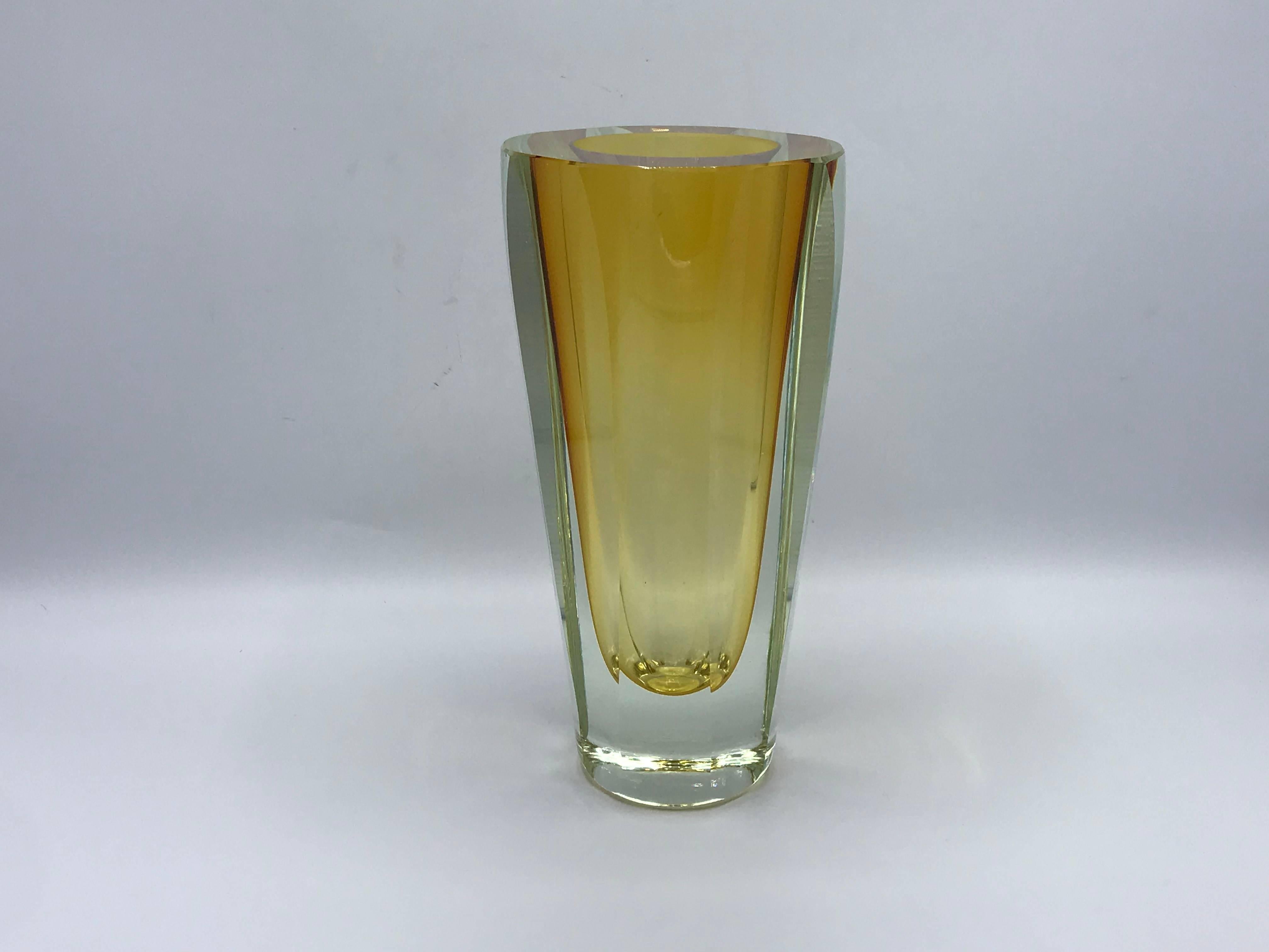 Offered is an exquisite, 1960s Italian yellow cased Murano glass vase. Heavy. Opening is 3
