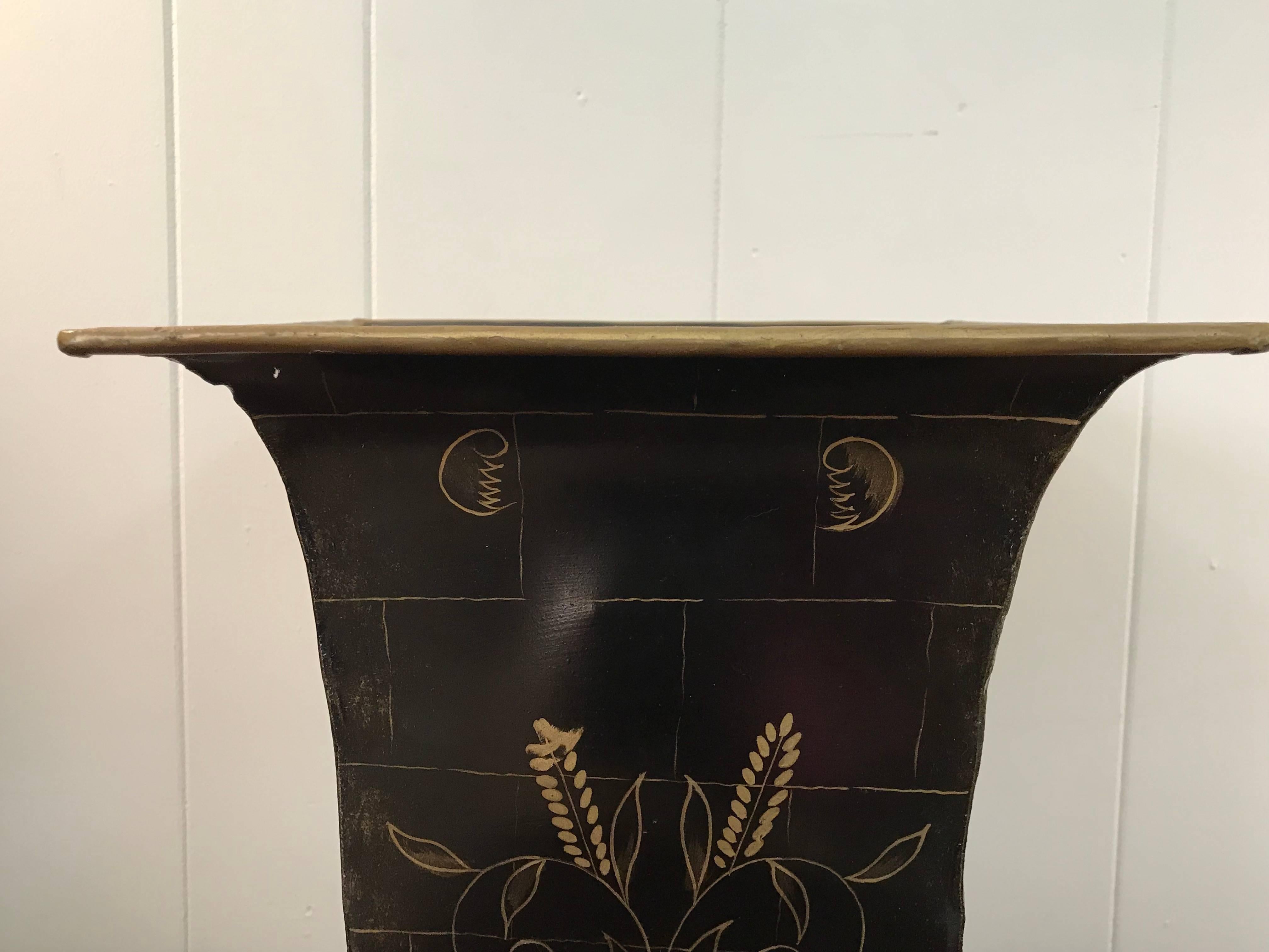 Chinoiserie 1970s Black and Gold Tole Waste Basket with Brass Claw Feet