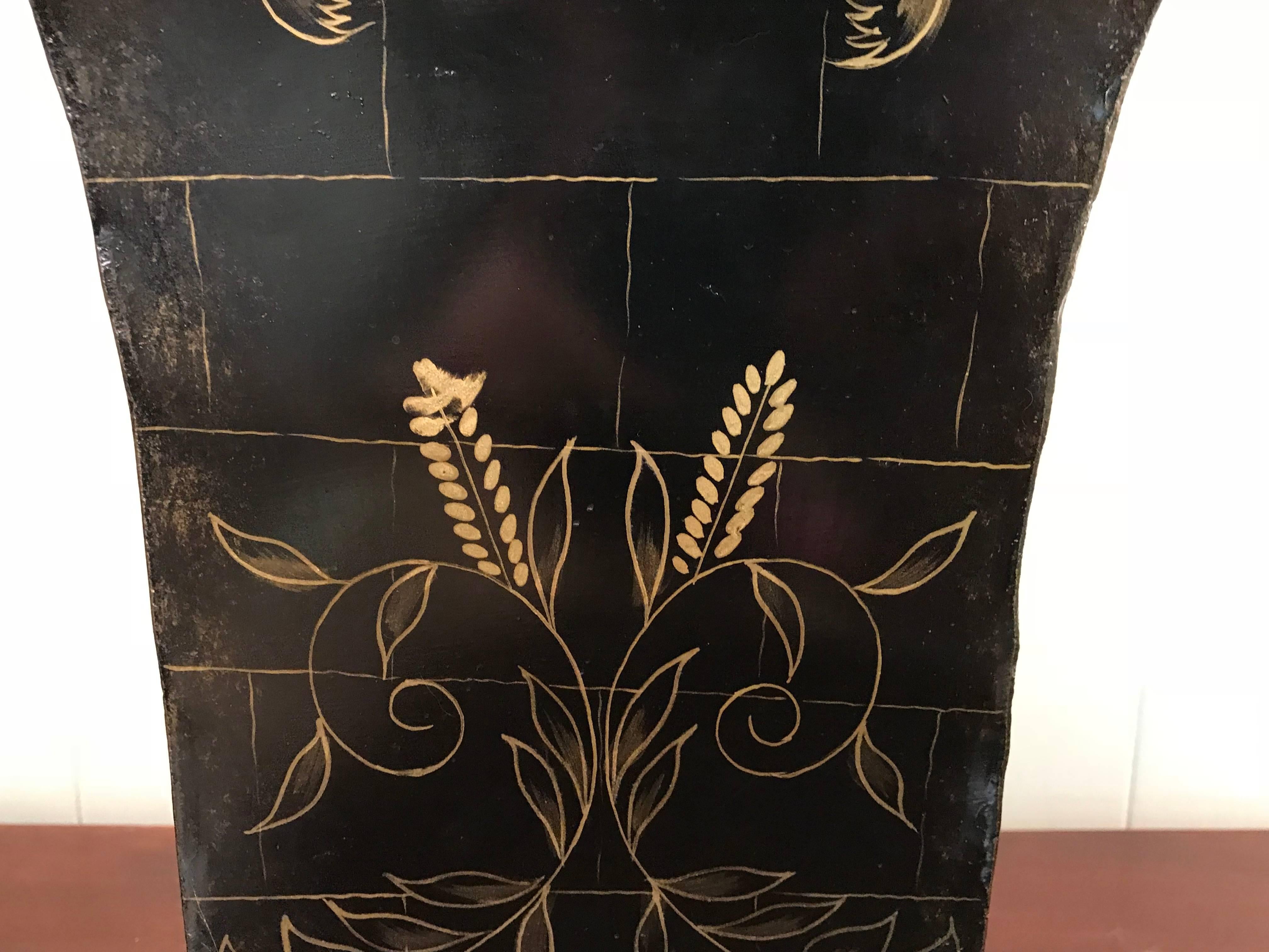 Hand-Painted 1970s Black and Gold Tole Waste Basket with Brass Claw Feet