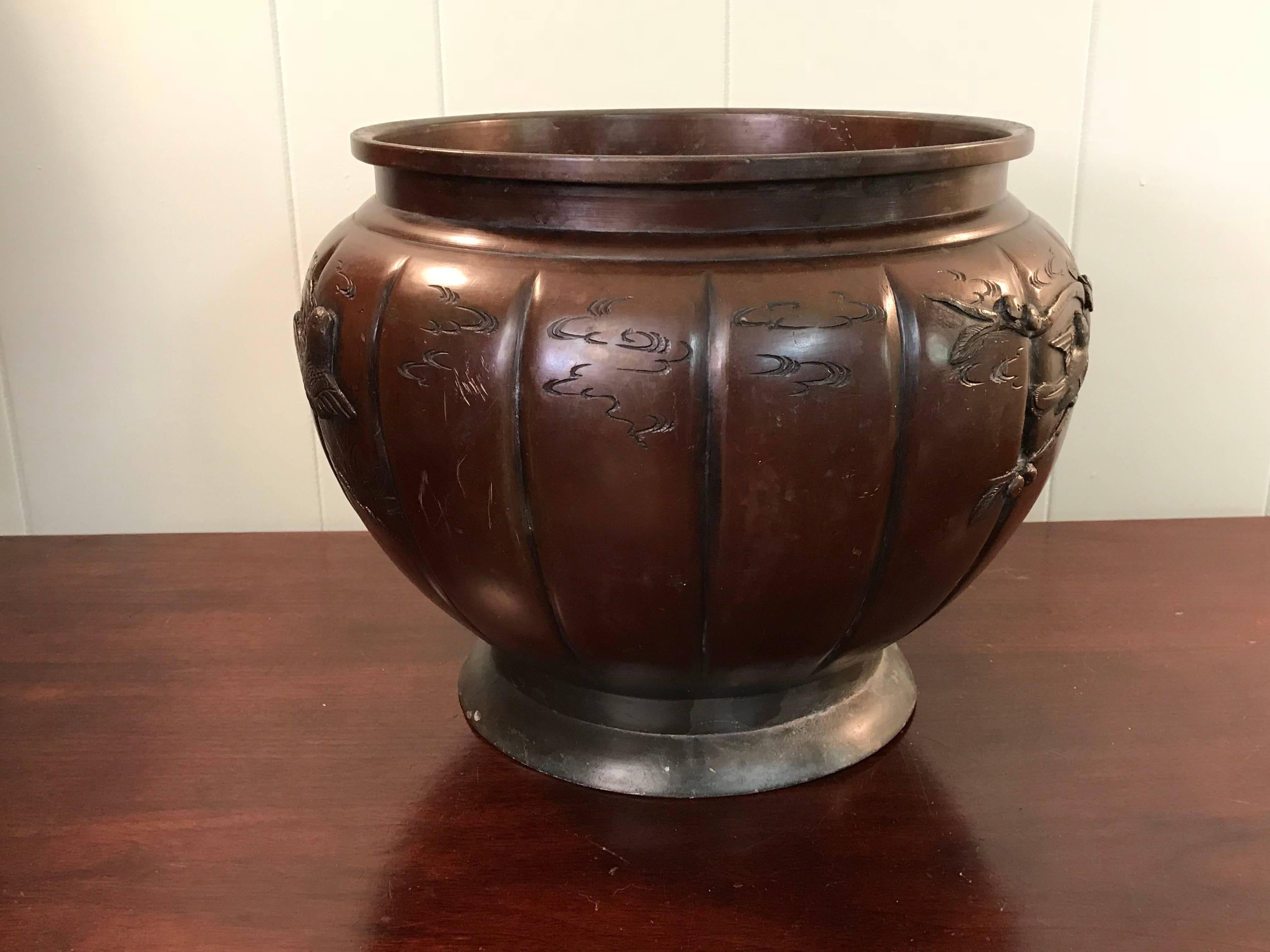 Chinese Export 19th Century Meiji Period Bronze Cachepot Planter with a Bird and Tree Motif