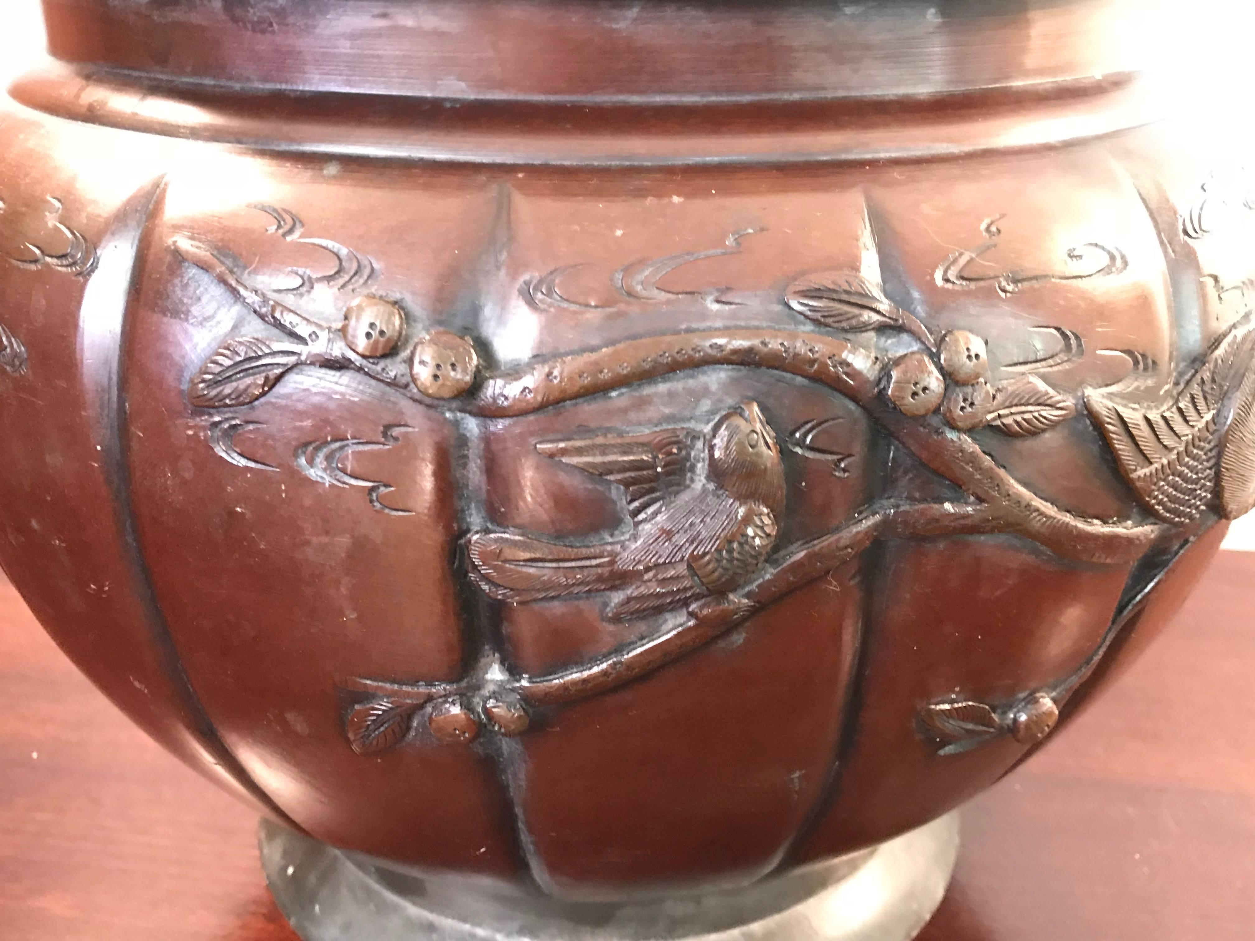 Asian 19th Century Meiji Period Bronze Cachepot Planter with a Bird and Tree Motif