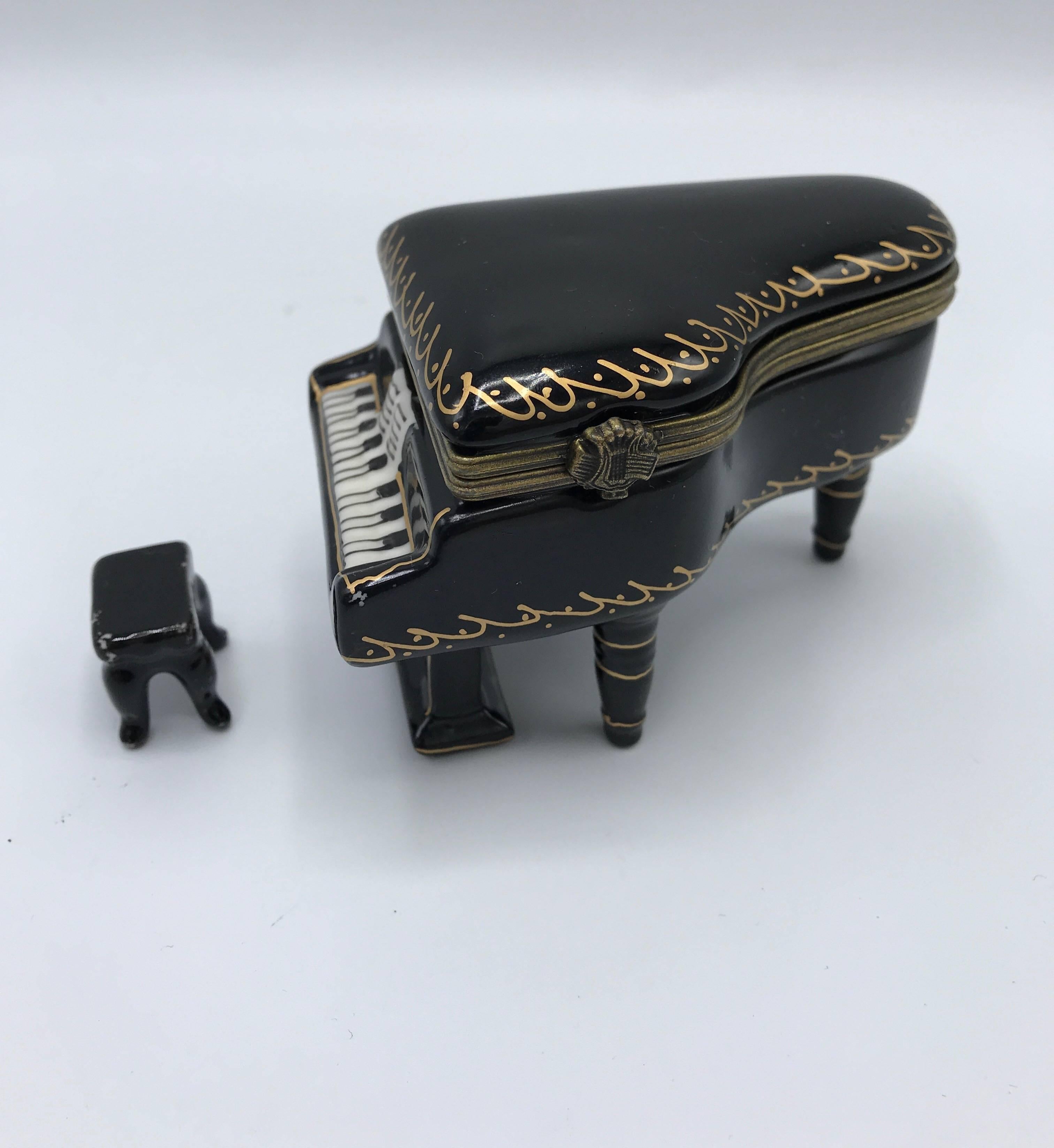 20th Century 1960s French Limoges Style Black and Gold Grand Piano Trinket Box