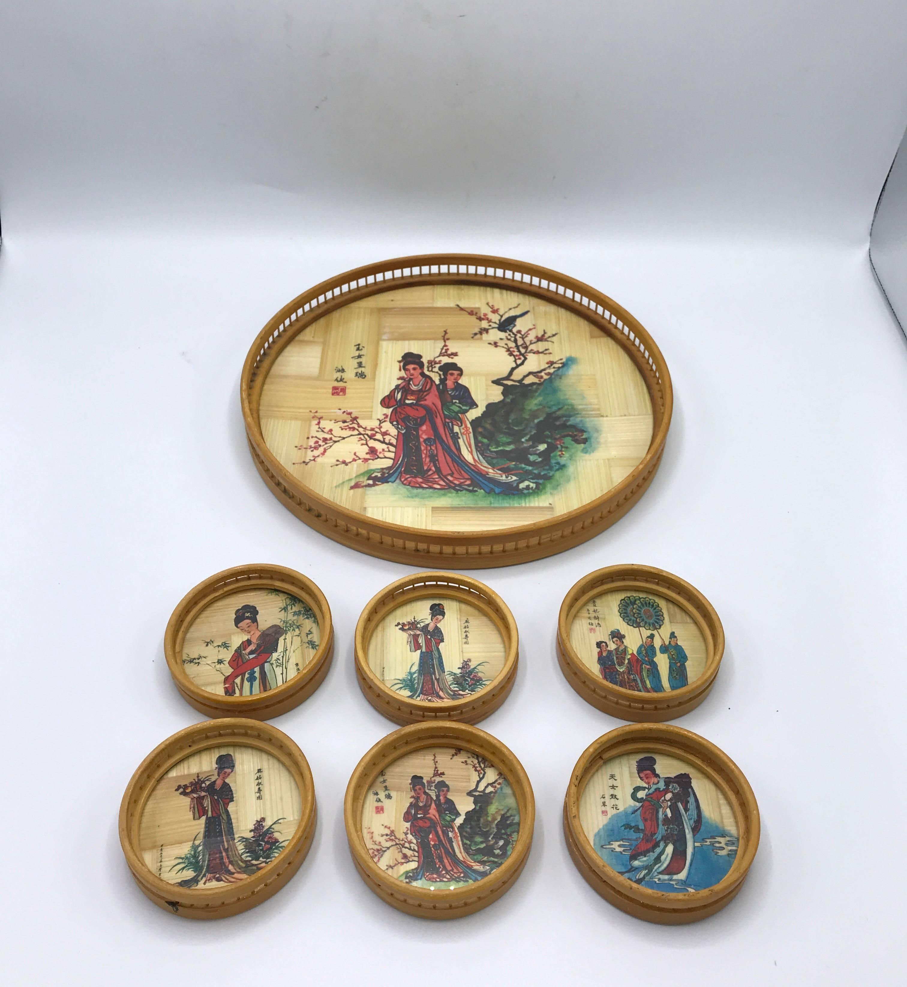 Chinoiserie 1970s Bamboo Asian Geisha Coasters and Tray, Set of Seven For Sale