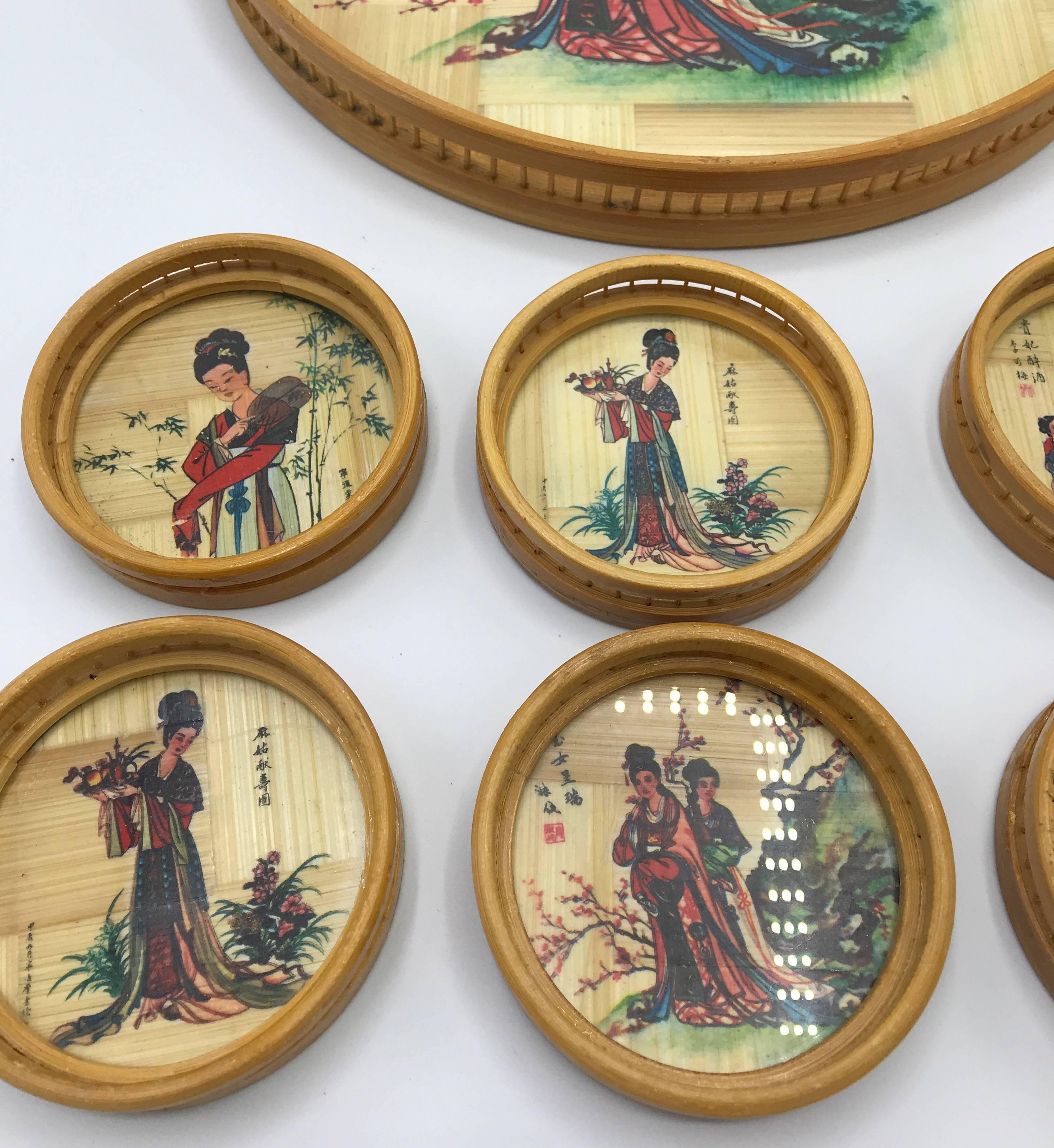 1970s Bamboo Asian Geisha Coasters and Tray, Set of Seven In Excellent Condition For Sale In Richmond, VA