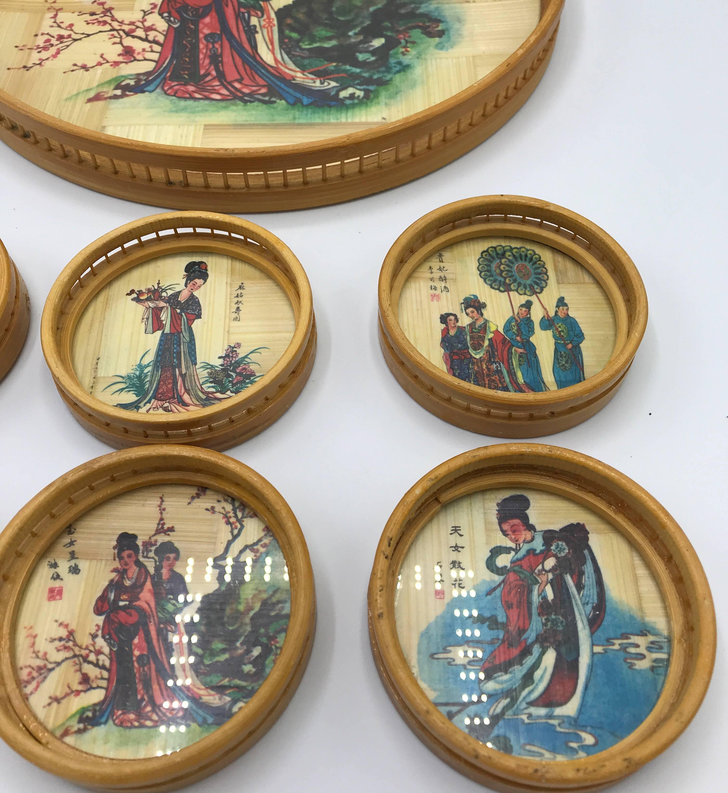 20th Century 1970s Bamboo Asian Geisha Coasters and Tray, Set of Seven For Sale
