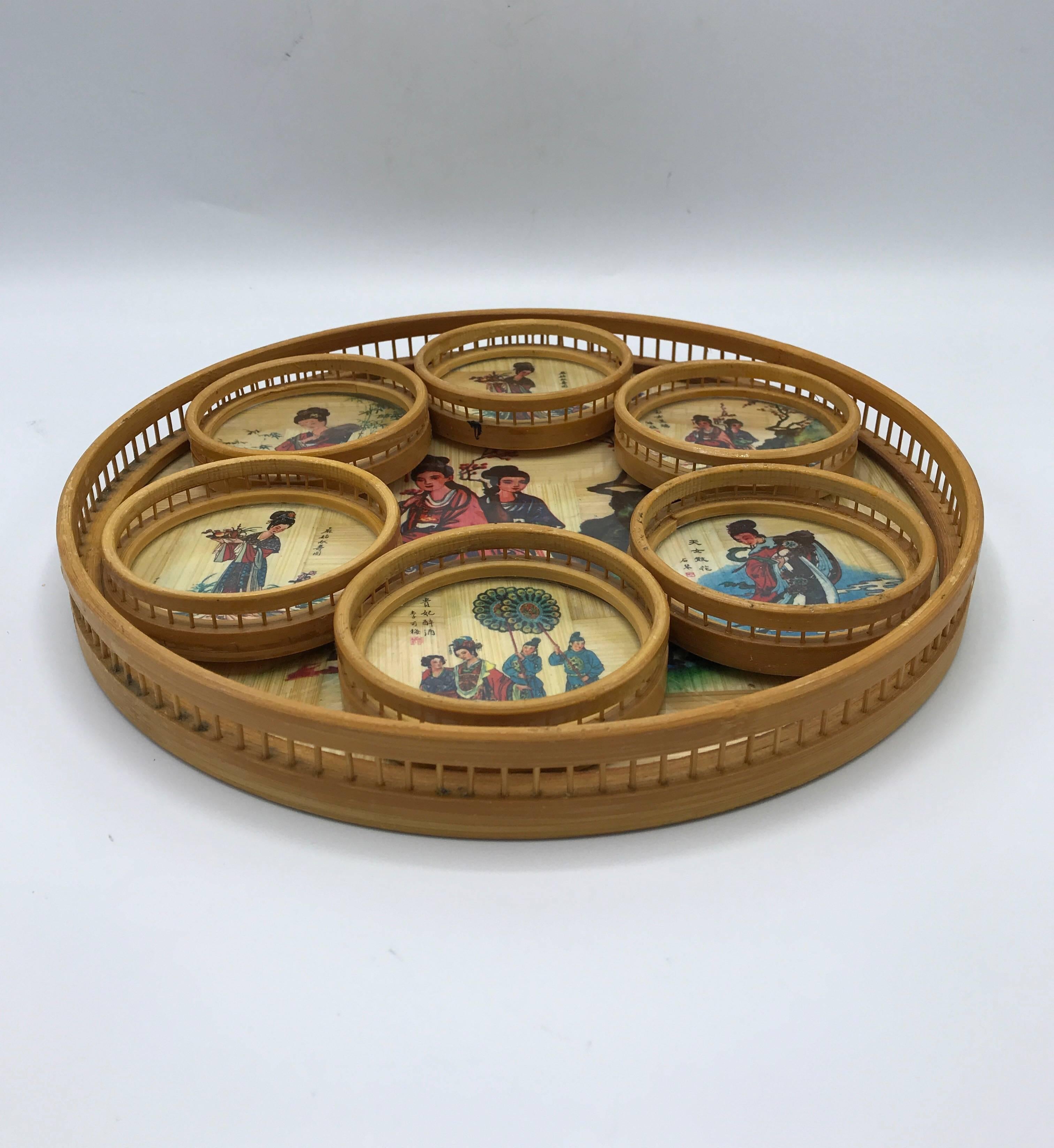 1970s Bamboo Asian Geisha Coasters and Tray, Set of Seven For Sale 1