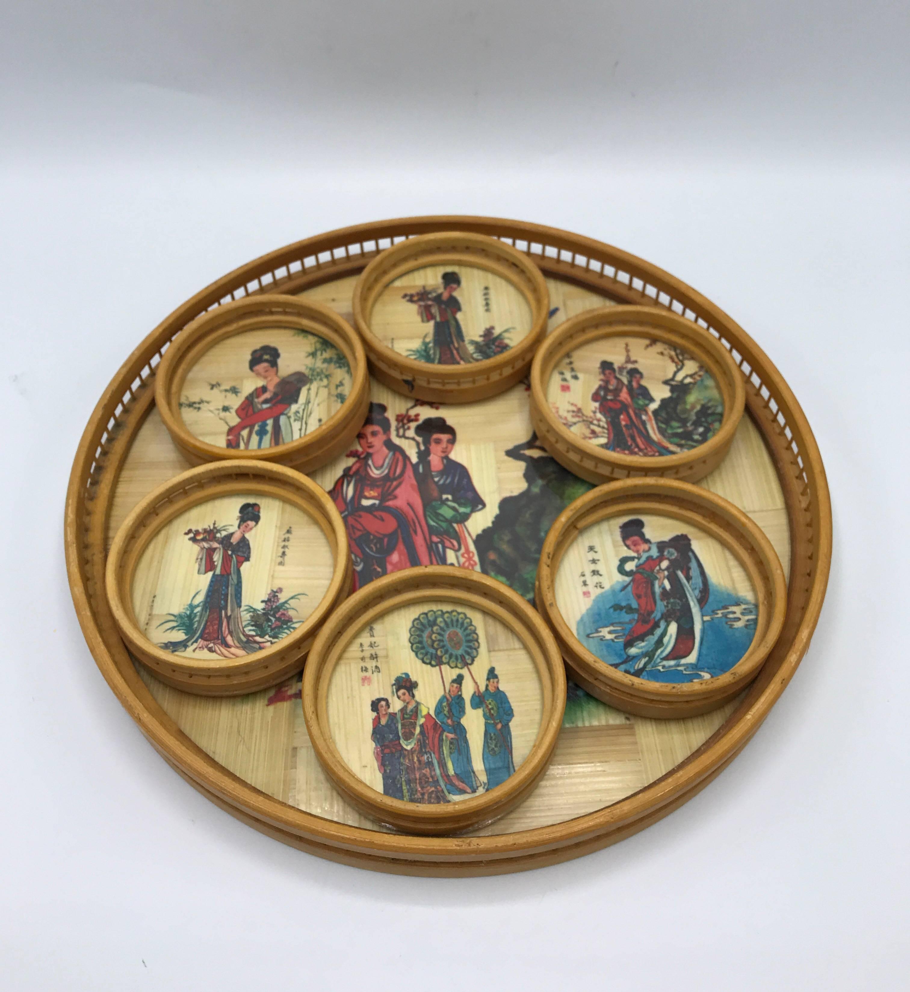 1970s Bamboo Asian Geisha Coasters and Tray, Set of Seven For Sale 2