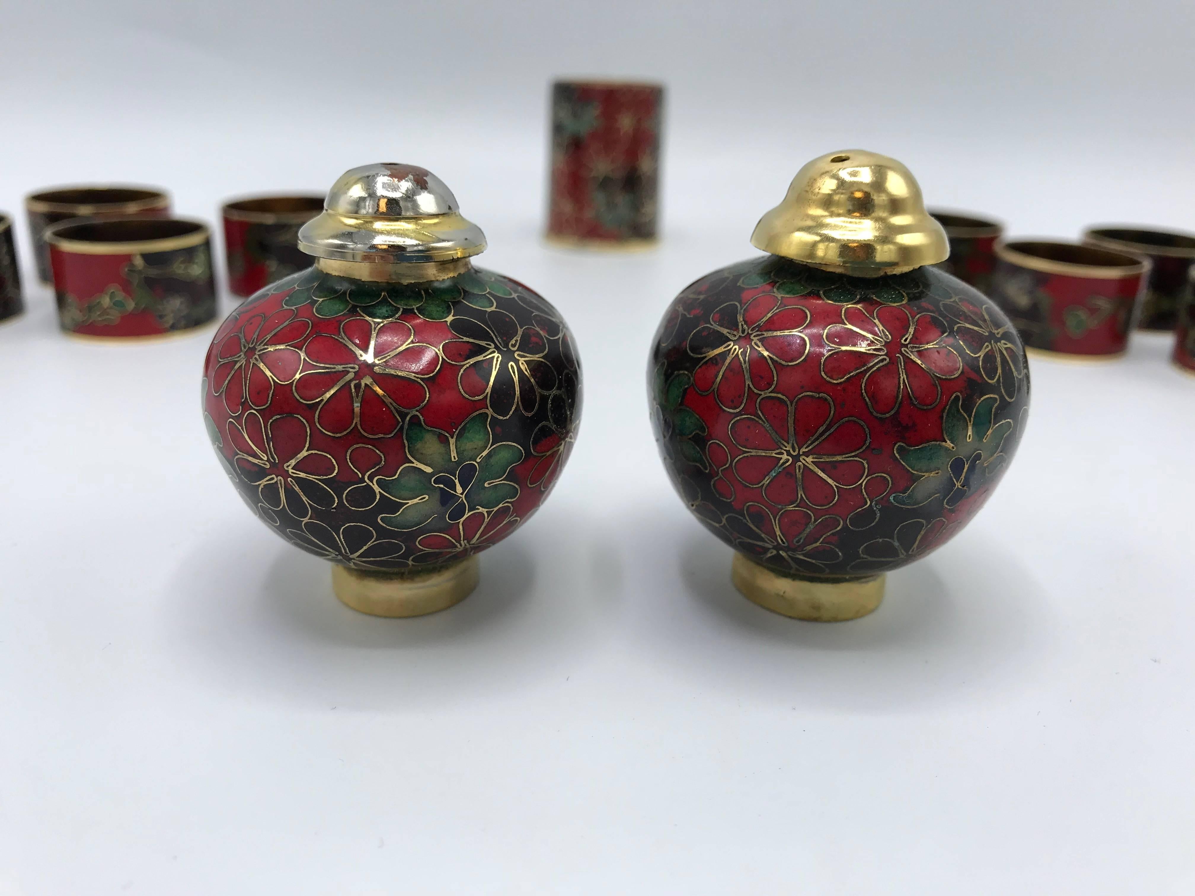 1950s Cloisonné Napkin Ring, Salt and Pepper and Toothpick Set, Set of 11 For Sale 1