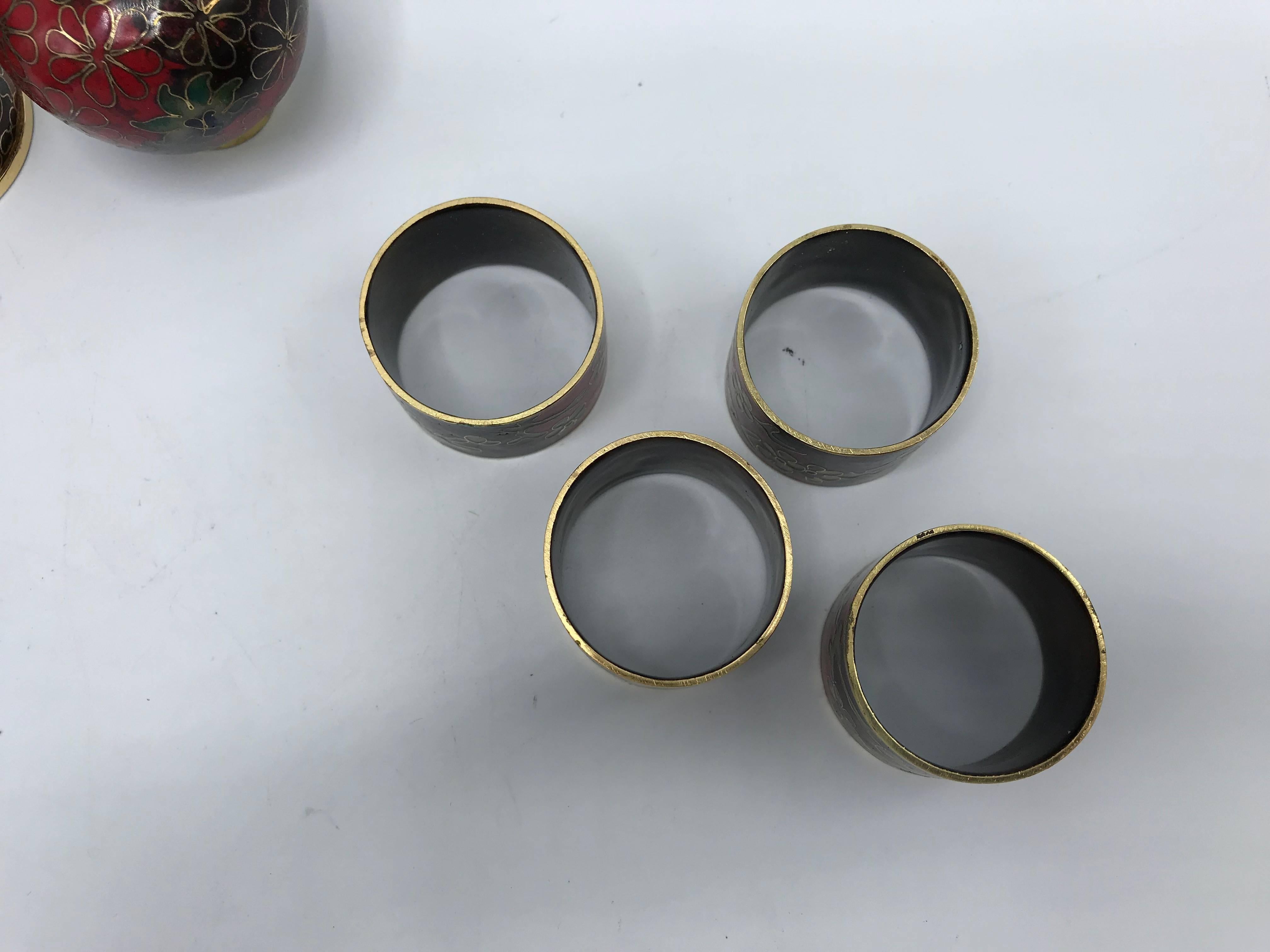 Brass 1950s Cloisonné Napkin Ring, Salt and Pepper and Toothpick Set, Set of 11 For Sale