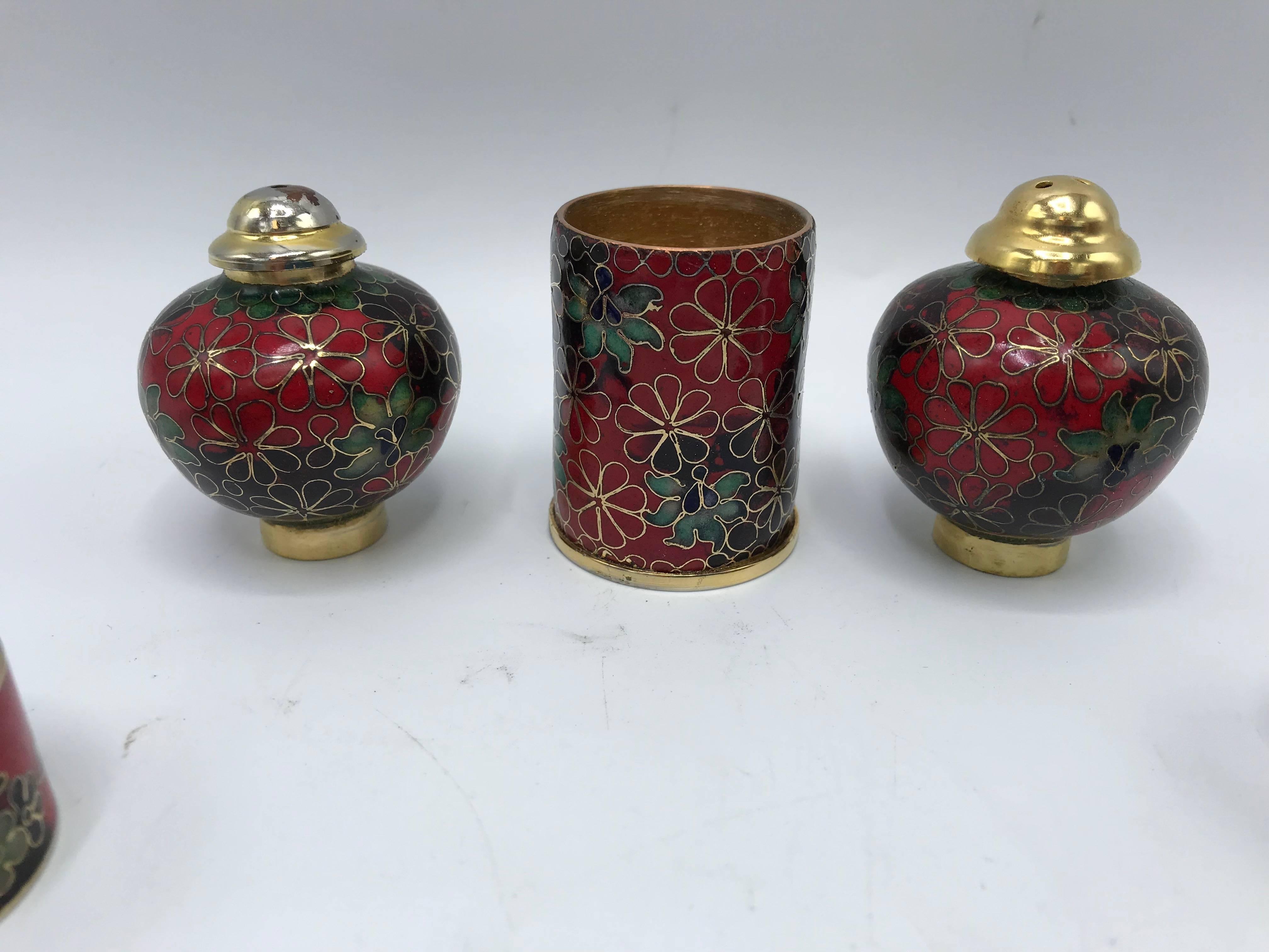 Chinoiserie 1950s Cloisonné Napkin Ring, Salt and Pepper and Toothpick Set, Set of 11 For Sale