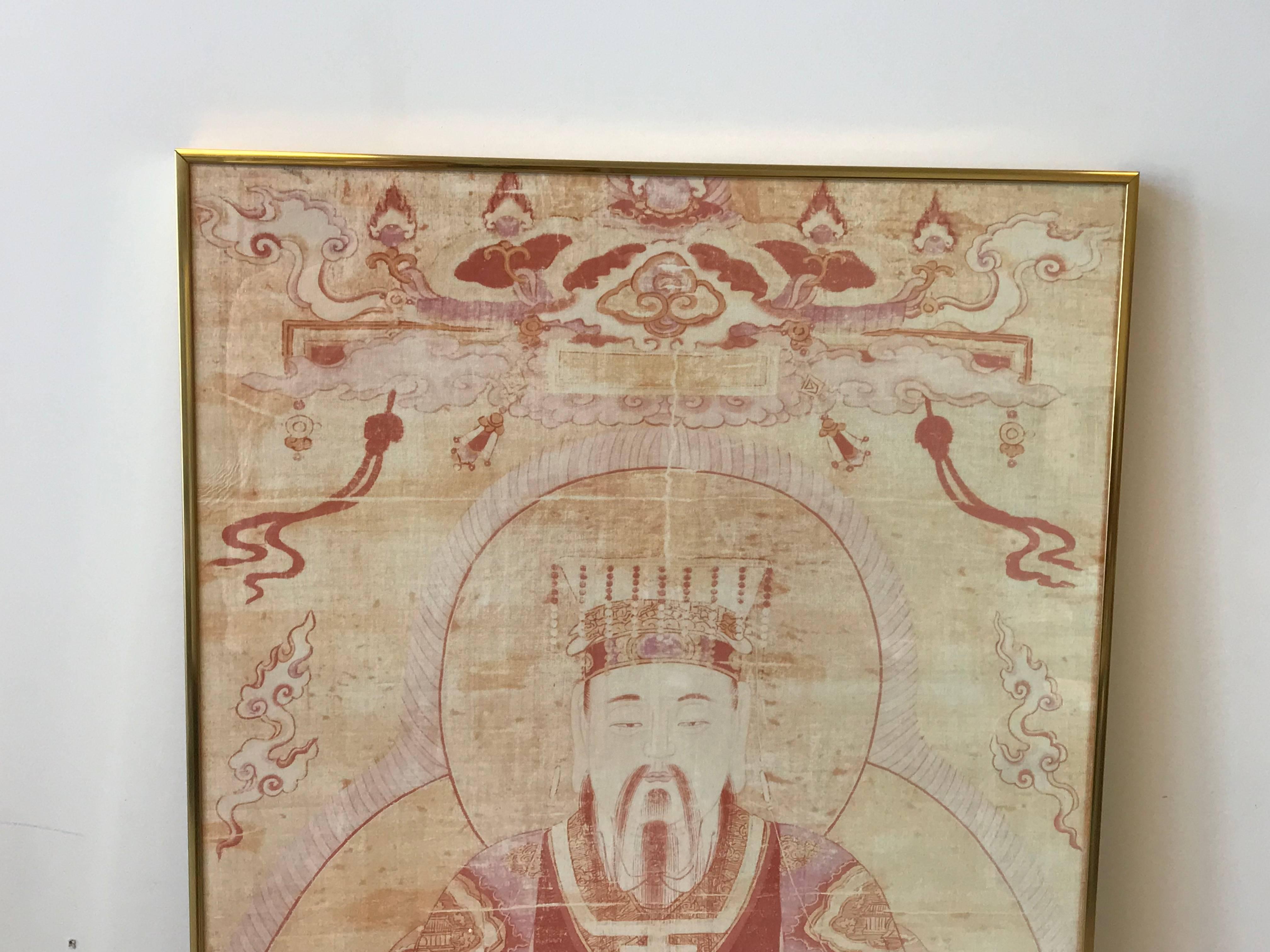 Offered is an immaculate, 1970s Greg Copeland Asian emperor chromograph print. The piece has deep reds and whites, giving the piece a natural linen look. The piece is in its original polished-brass frame, including all original tags and labels.