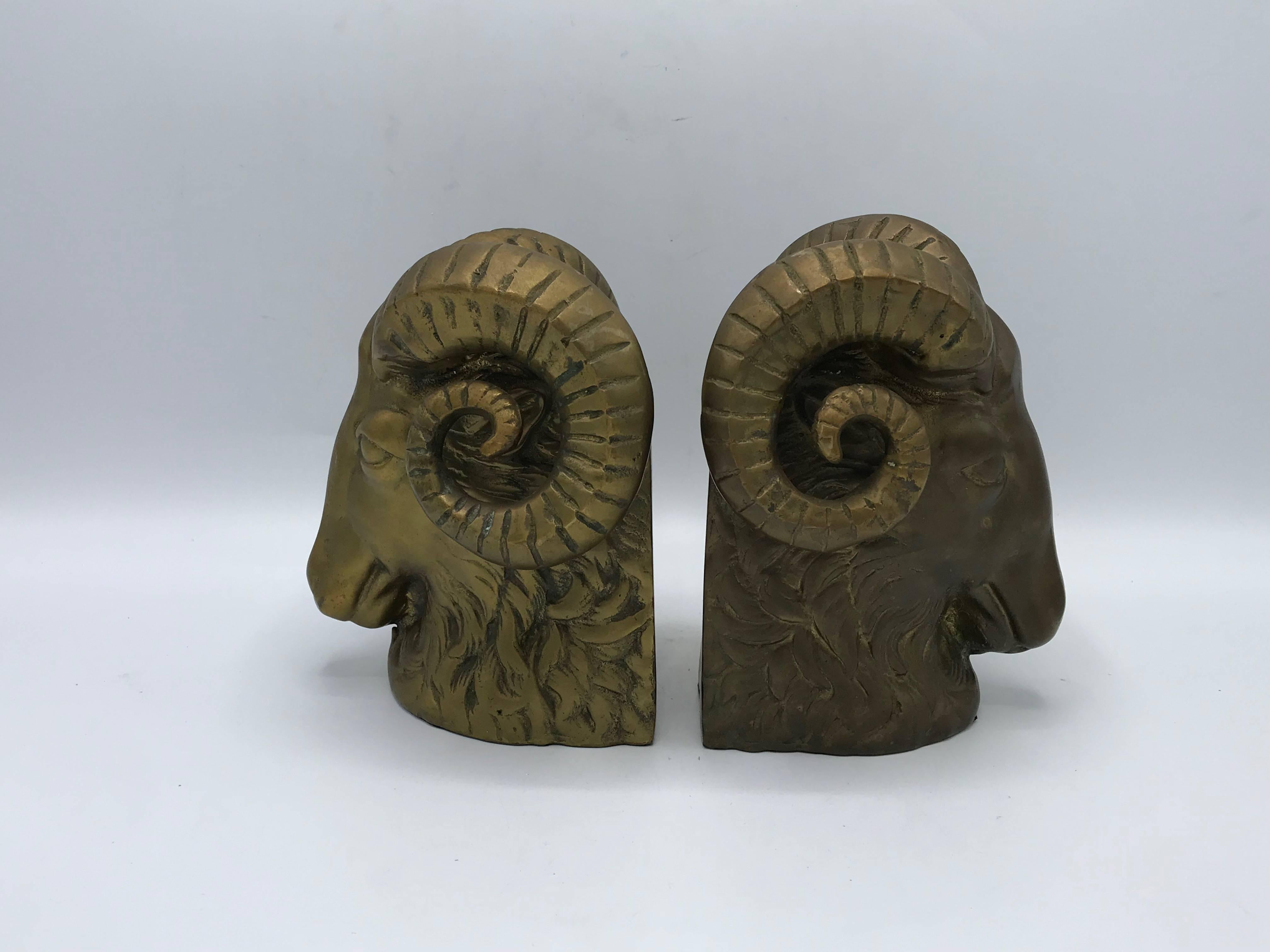Modern 1970s Brass Ram's Head Sculpture Bookends, Pair