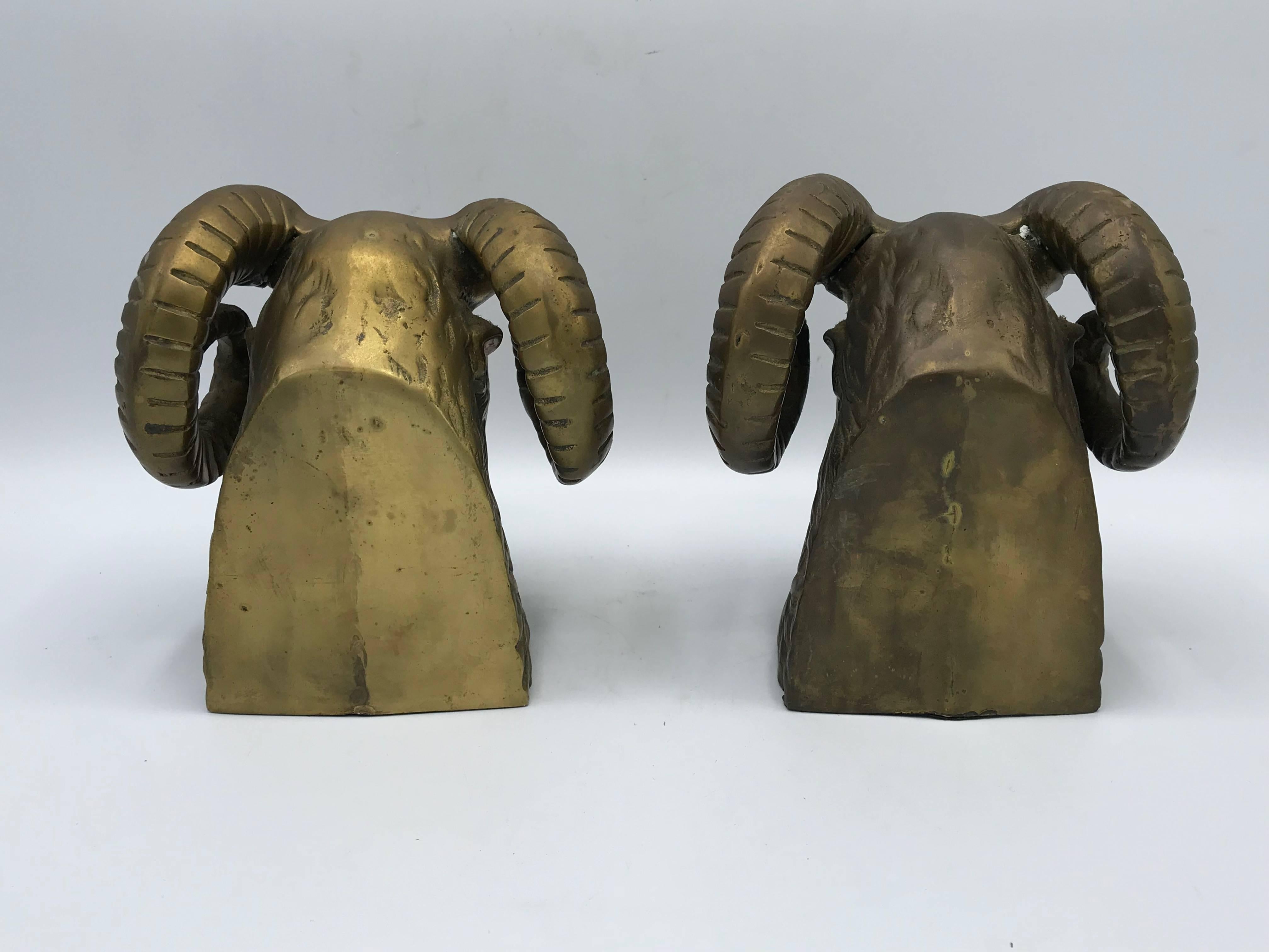 1970s Brass Ram's Head Sculpture Bookends, Pair In Good Condition In Richmond, VA