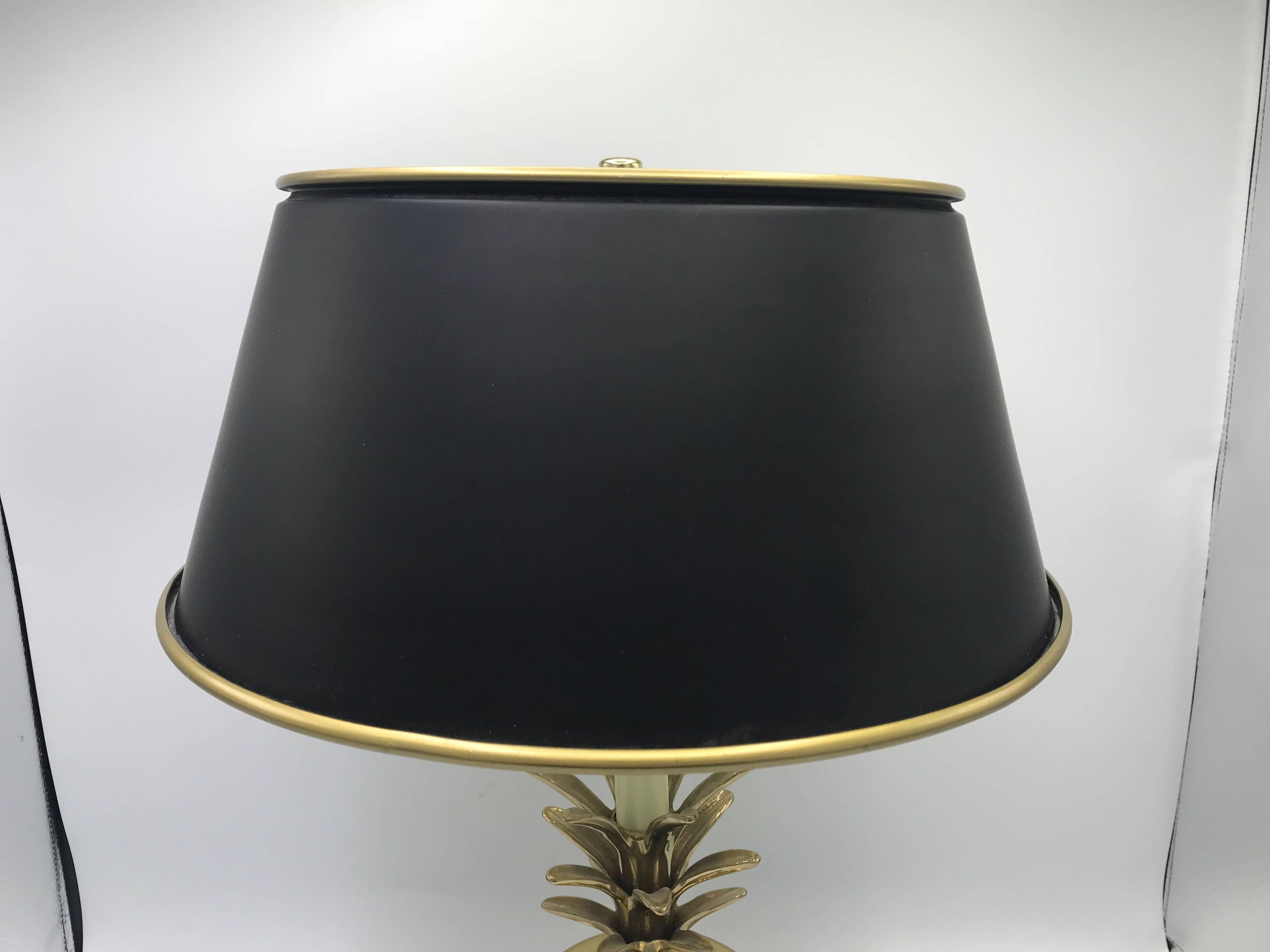 20th Century 1970s Brass Pineapple Lamp with Black Tole Shade