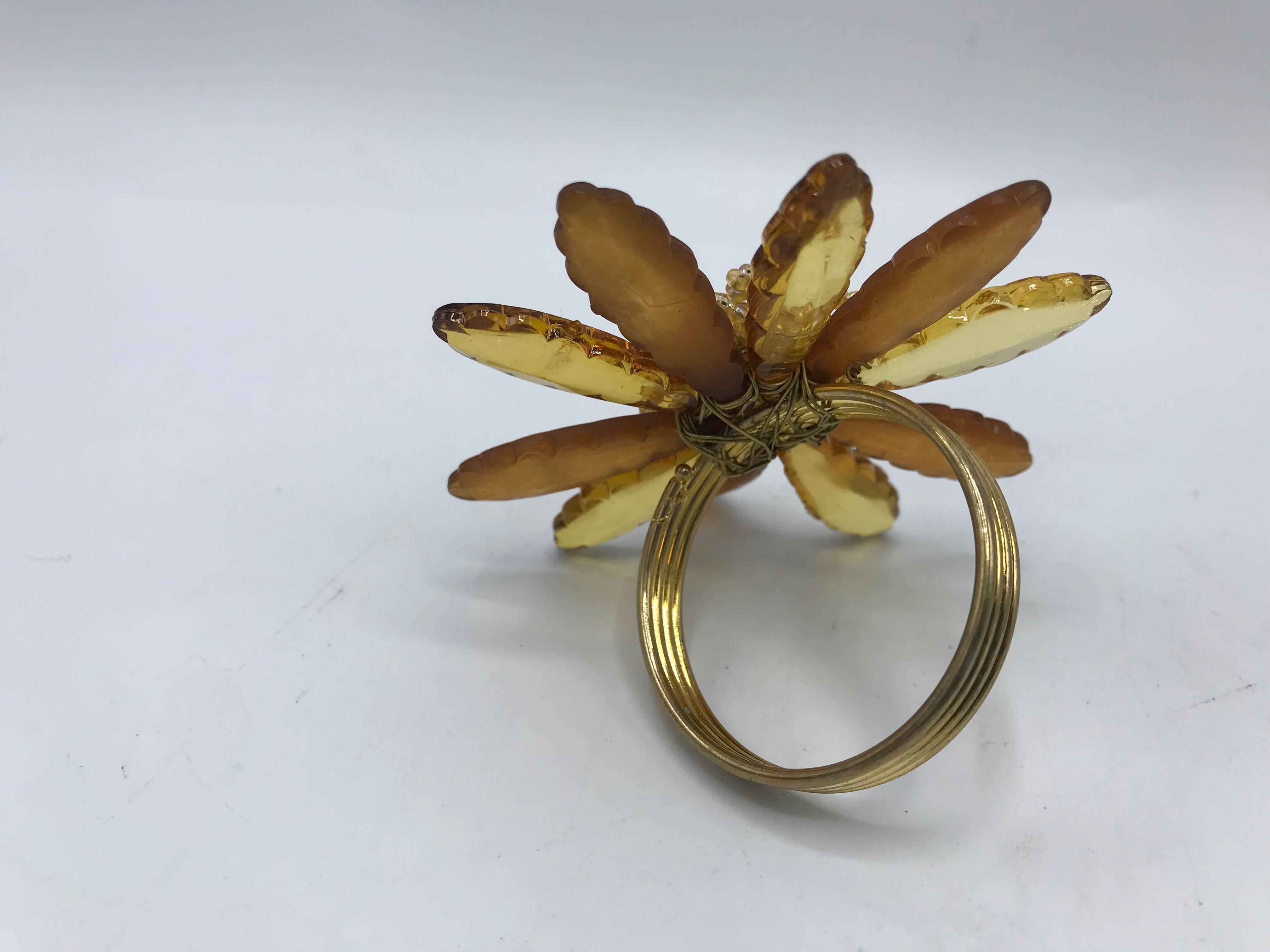 20th Century 1970s Italian Gold-Tone Beaded Floral Motif Napkin Rings, Set of 12