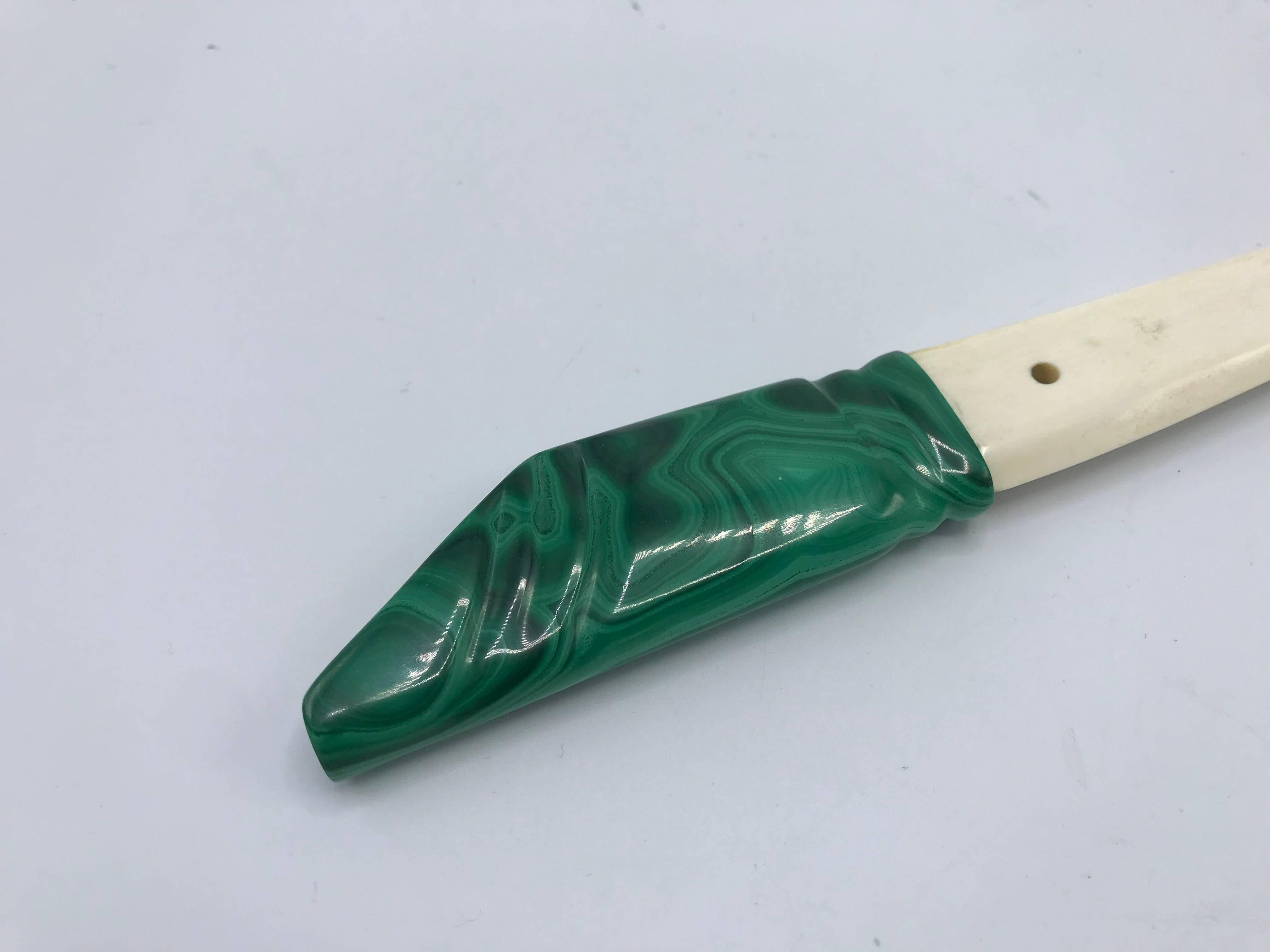 Offered is a stunning and rare, 1960s malachite and bone letter opener. Each side of the solid-malachite handle has beautiful, natural malachite green colors and pattern. Heavy. 