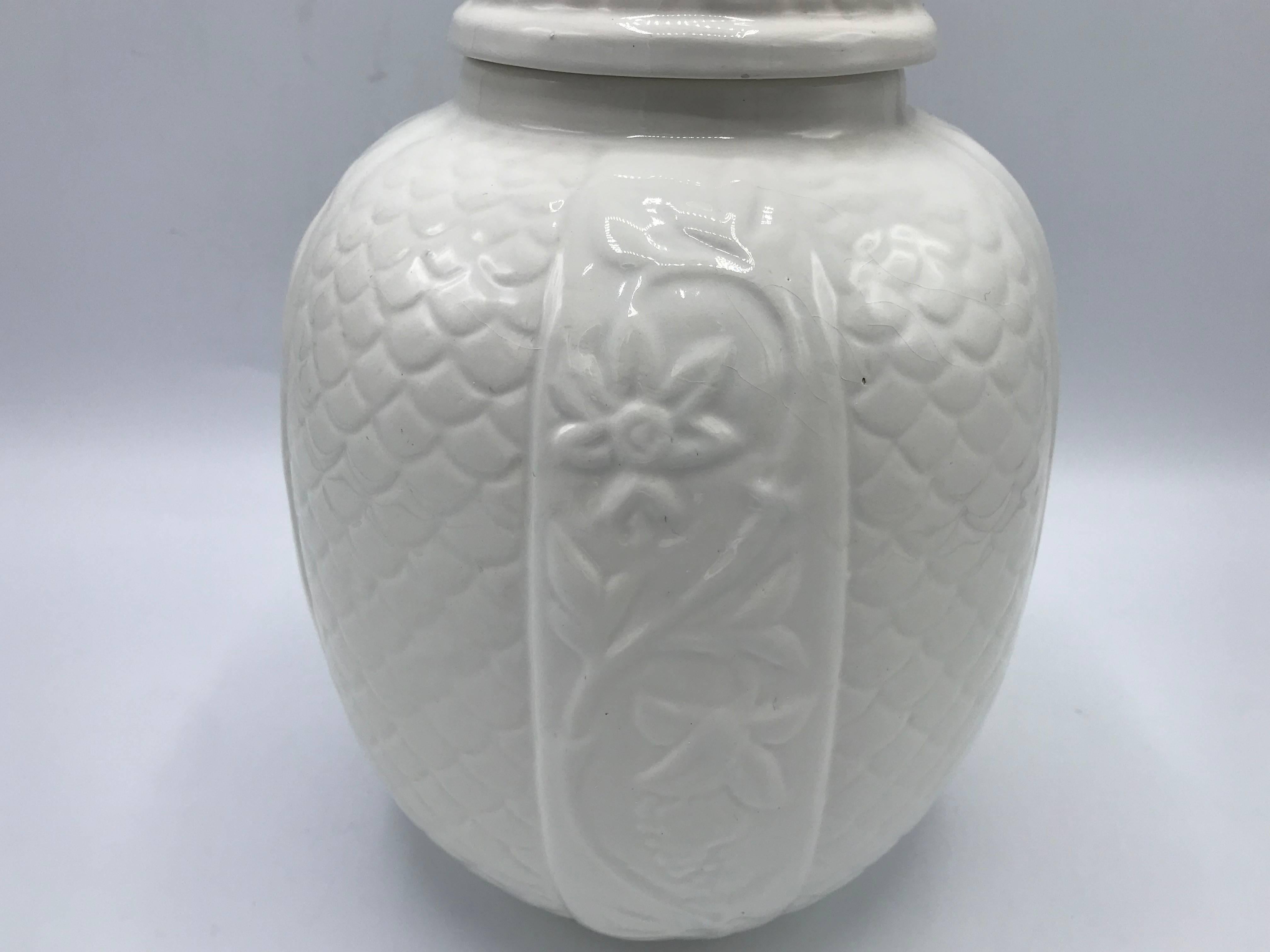 Glazed 1960s Italian Ceramic Urn Jar with Floral and Pineapple Motif For Sale