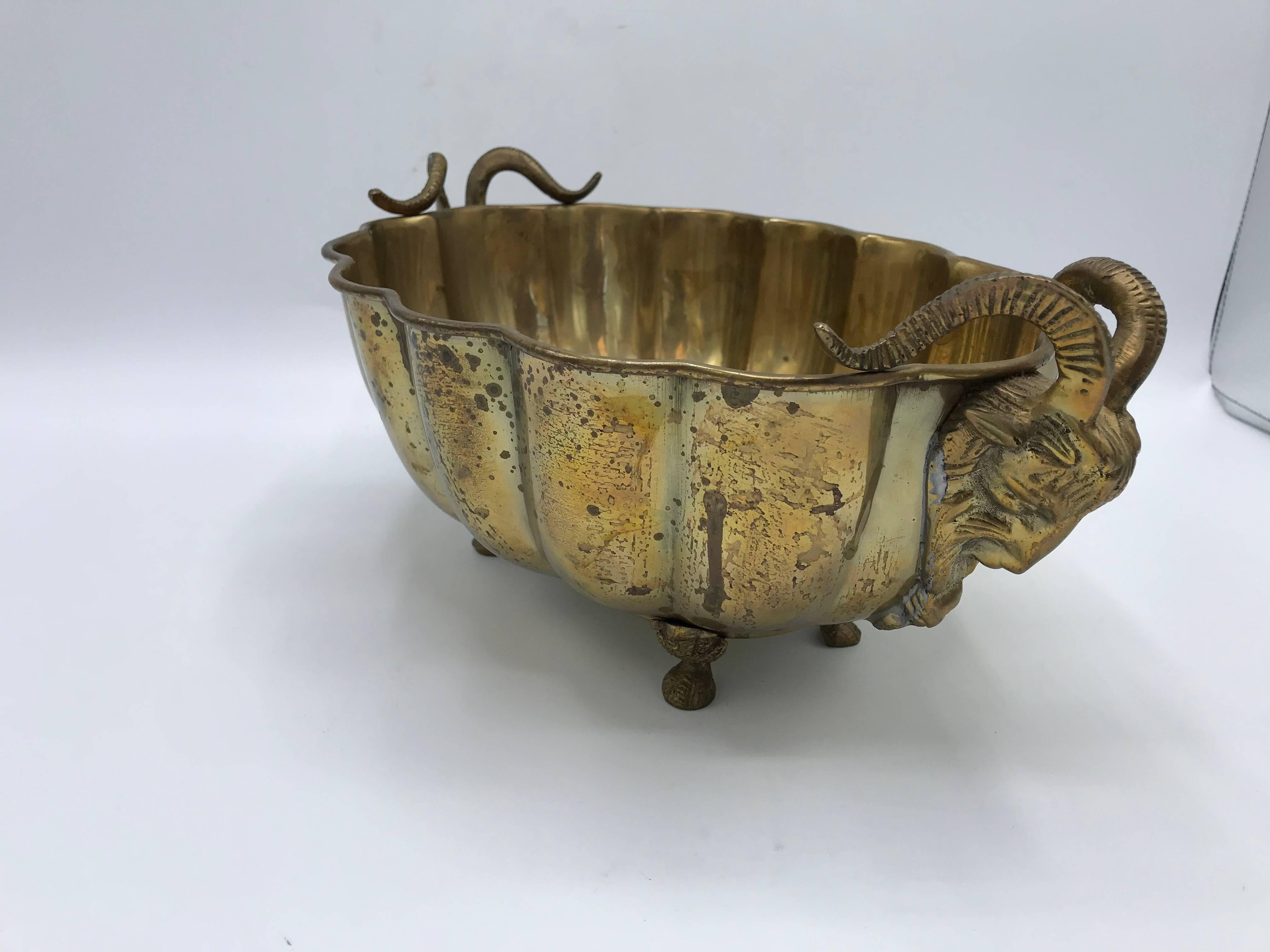 1960s Italian Brass Scalloped Cachepot Bowl with Rams Head Motif In Good Condition In Richmond, VA