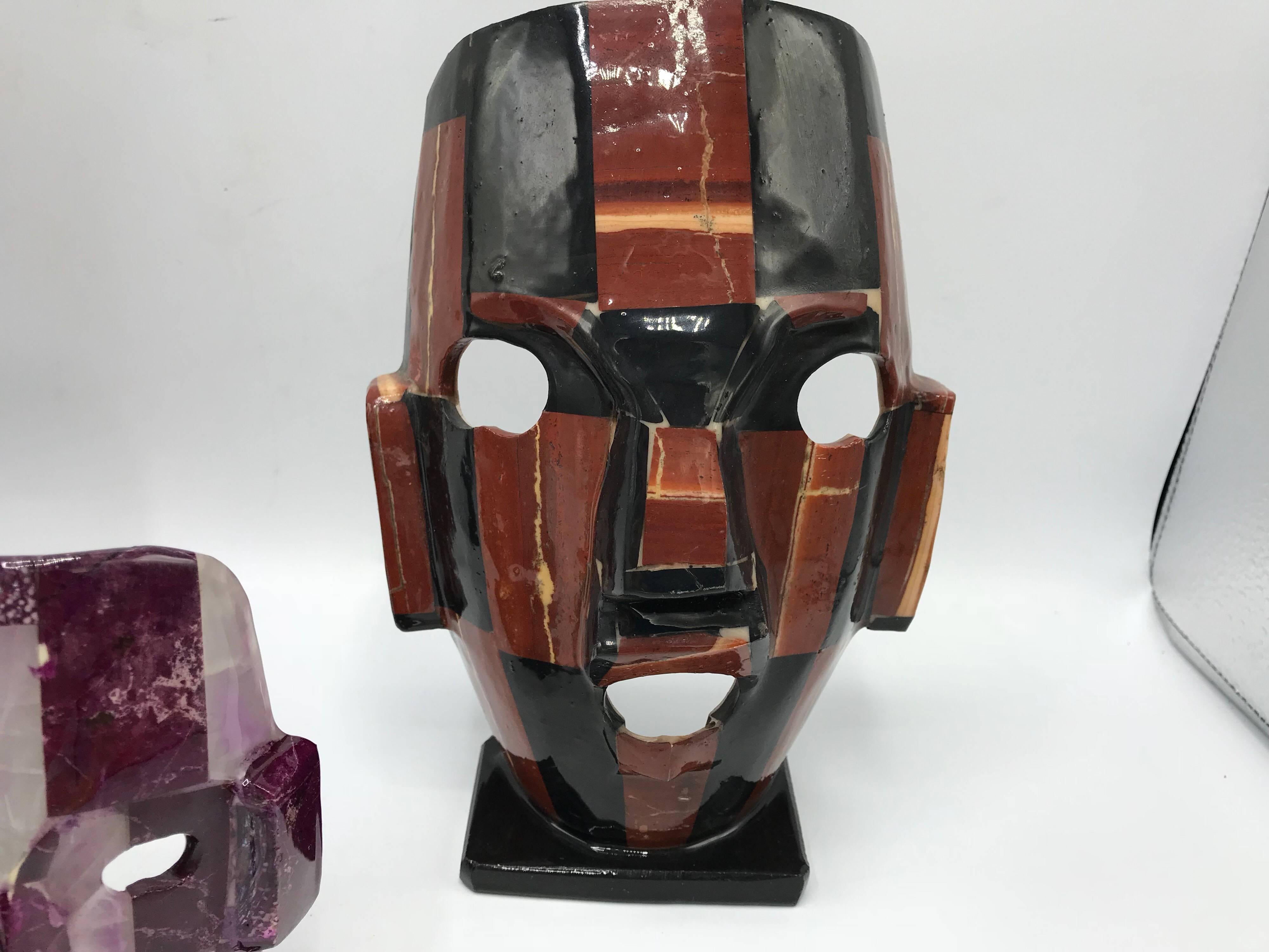 20th Century 1980s Stone and Abalone Inlay Mask Sculpture, Set of Three