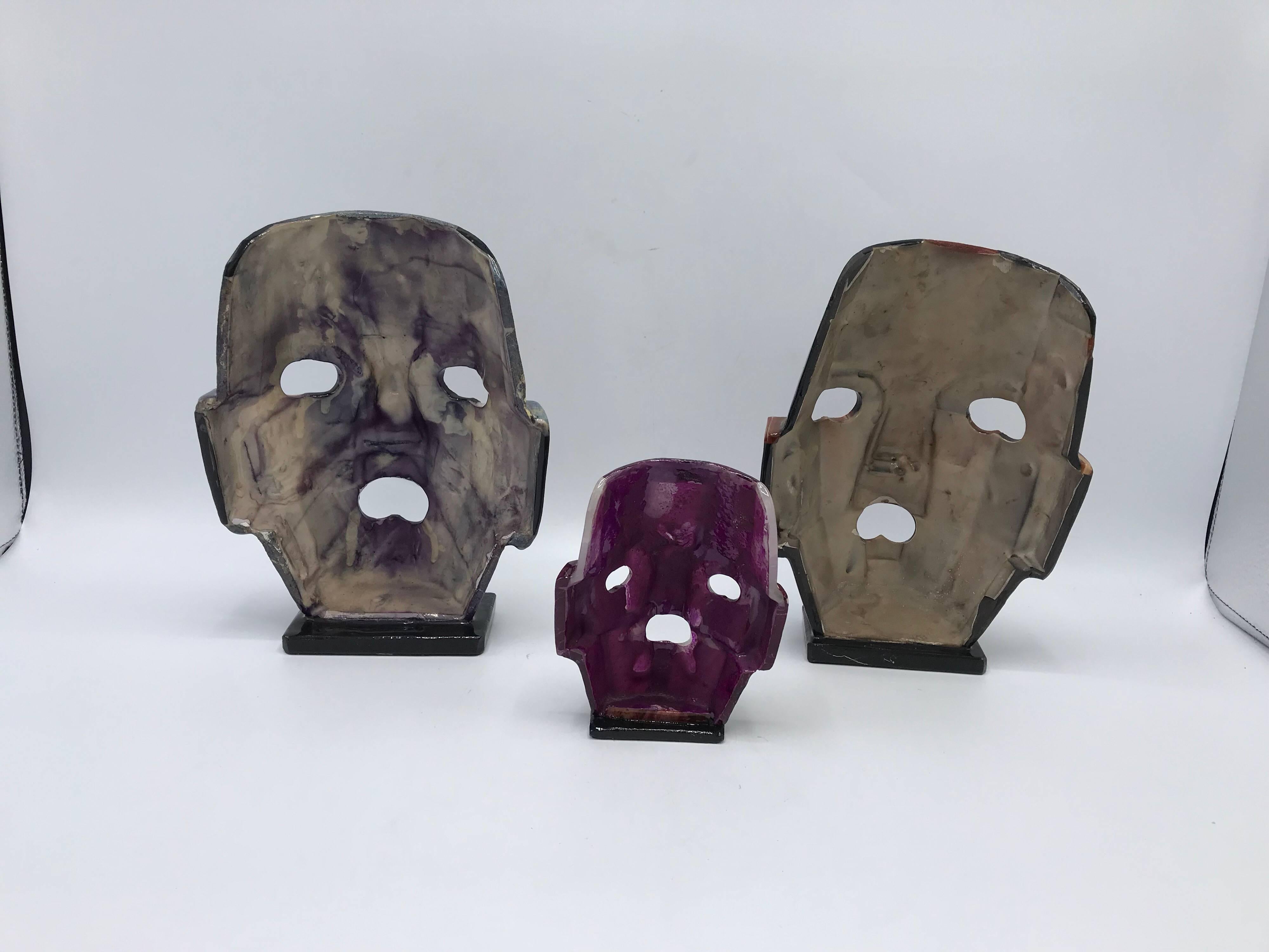 1980s Stone and Abalone Inlay Mask Sculpture, Set of Three 2