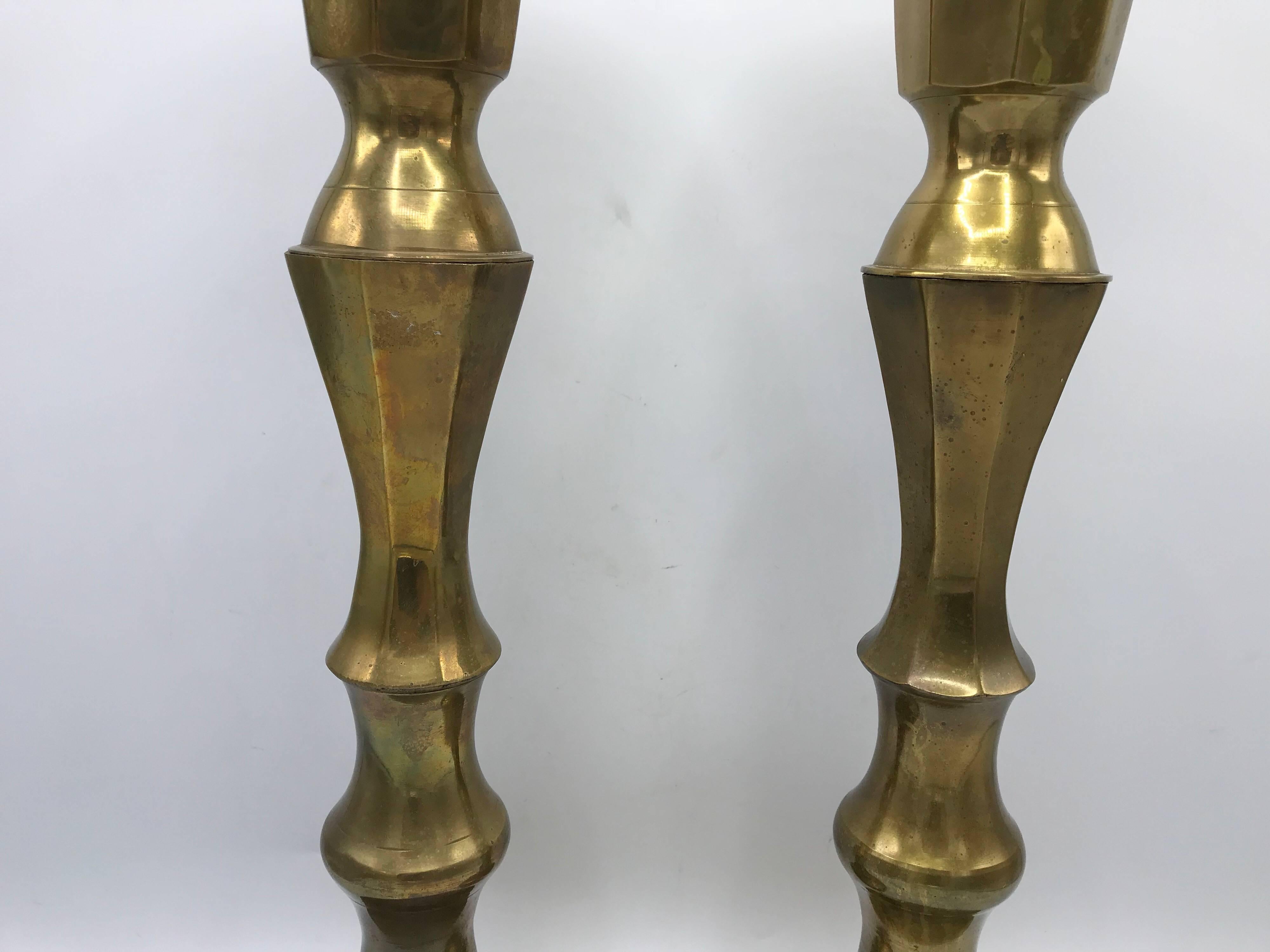 1950s Large Brass Candlesticks, Pair In Excellent Condition In Richmond, VA