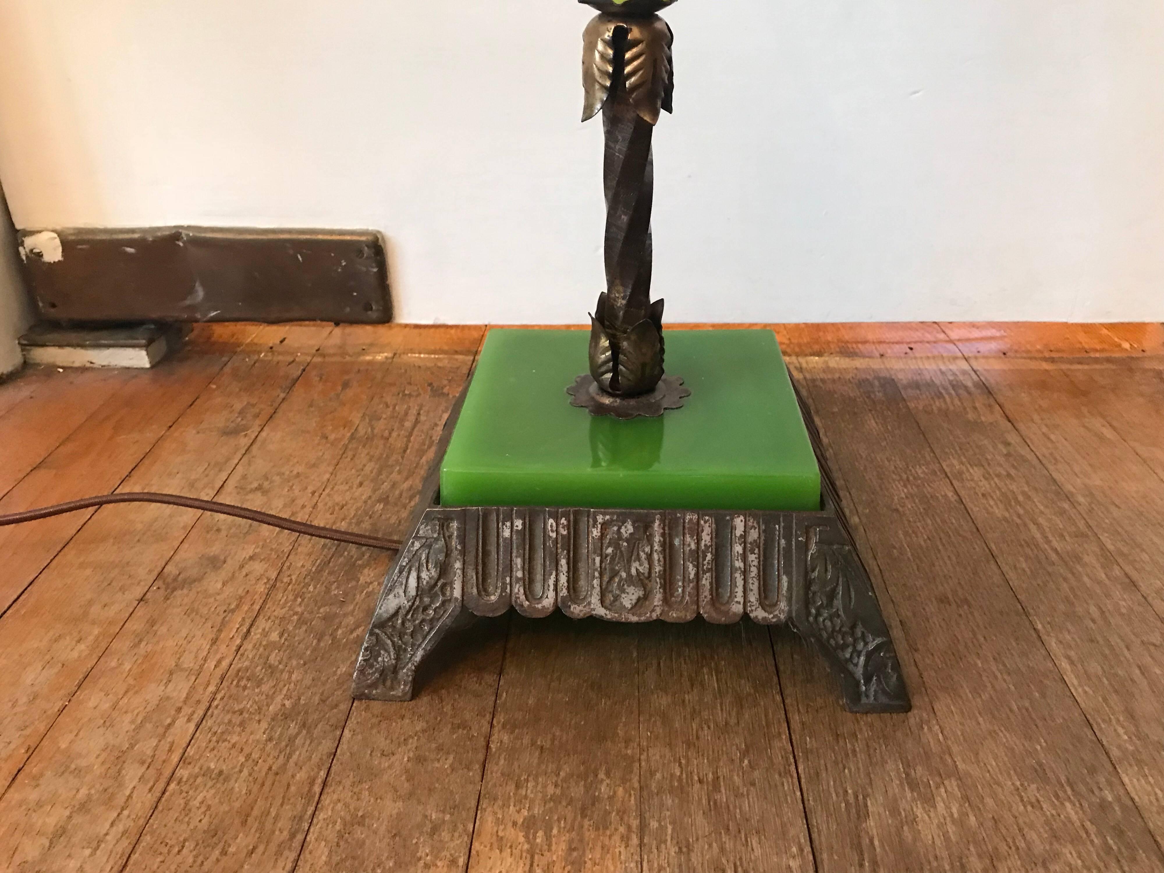 20th Century 1920s Art Deco Green Jadeite and Bronze Floor Lamp