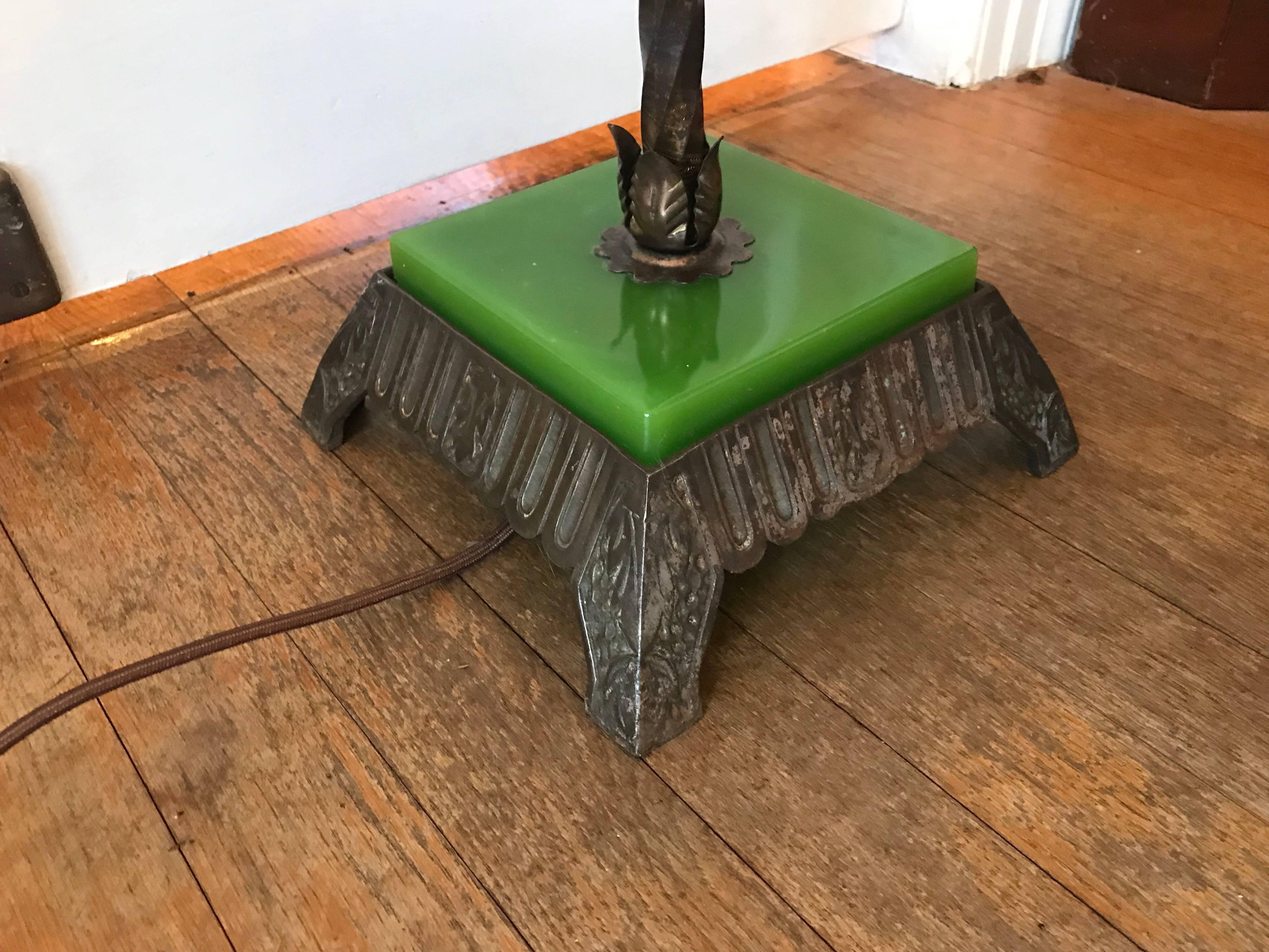 1920s Art Deco Green Jadeite and Bronze Floor Lamp 1