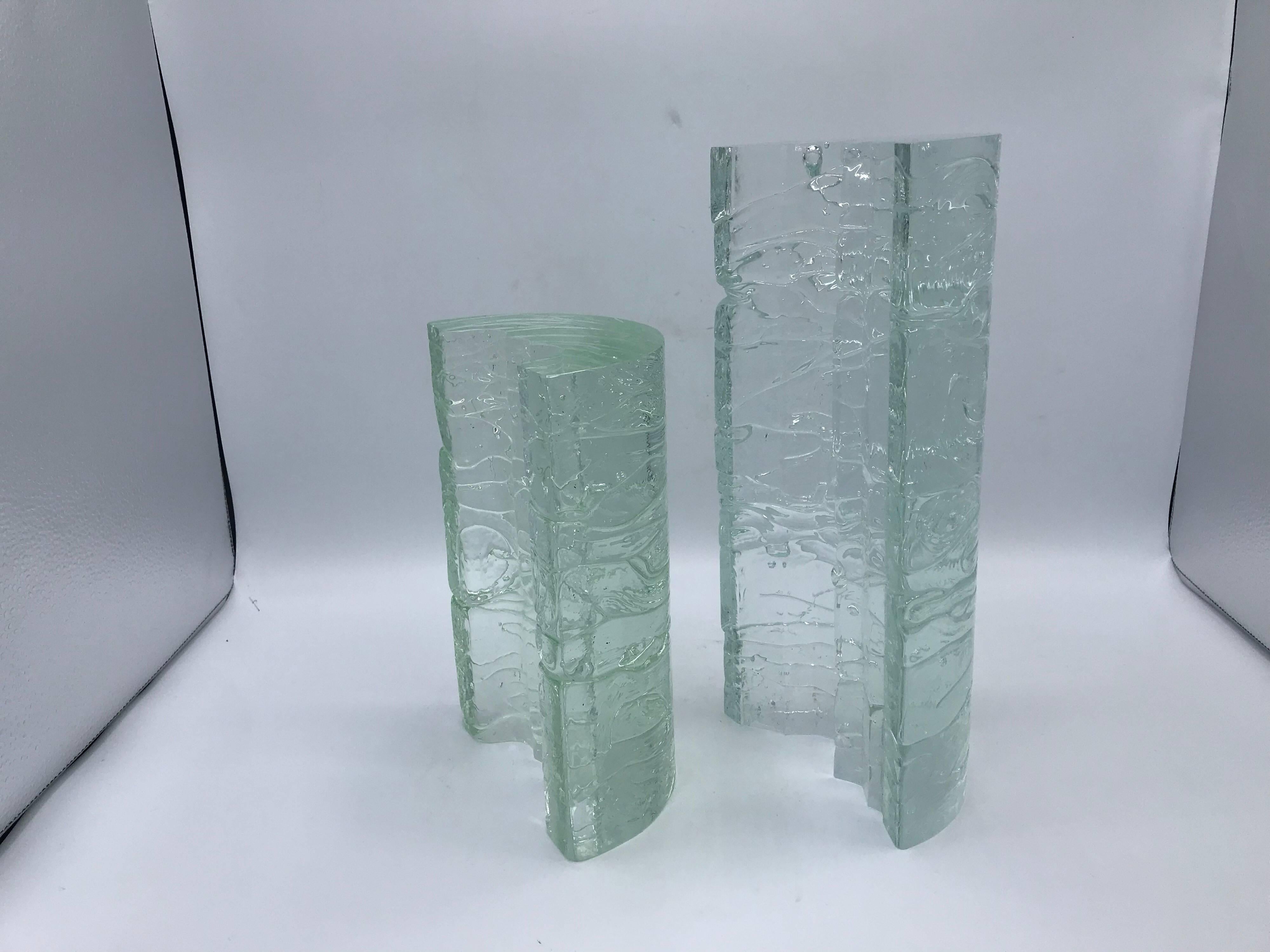 Listed is a stunning, pair of 1960s Frantisek Vizner for Skrdlovice solid-glass sculptures. A beautiful, crescent shaped crackled glass sculptures. Larger sculpture includes original tag on backside, see photo 4. Substantial sculptures that can