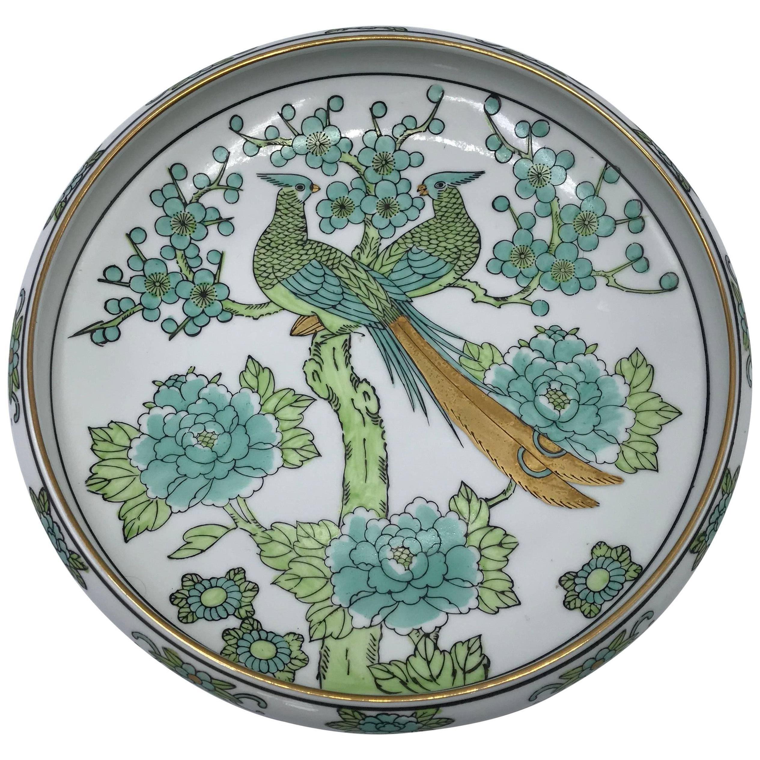 1960s Gold Imari Green and White Dish with Peacock Motif