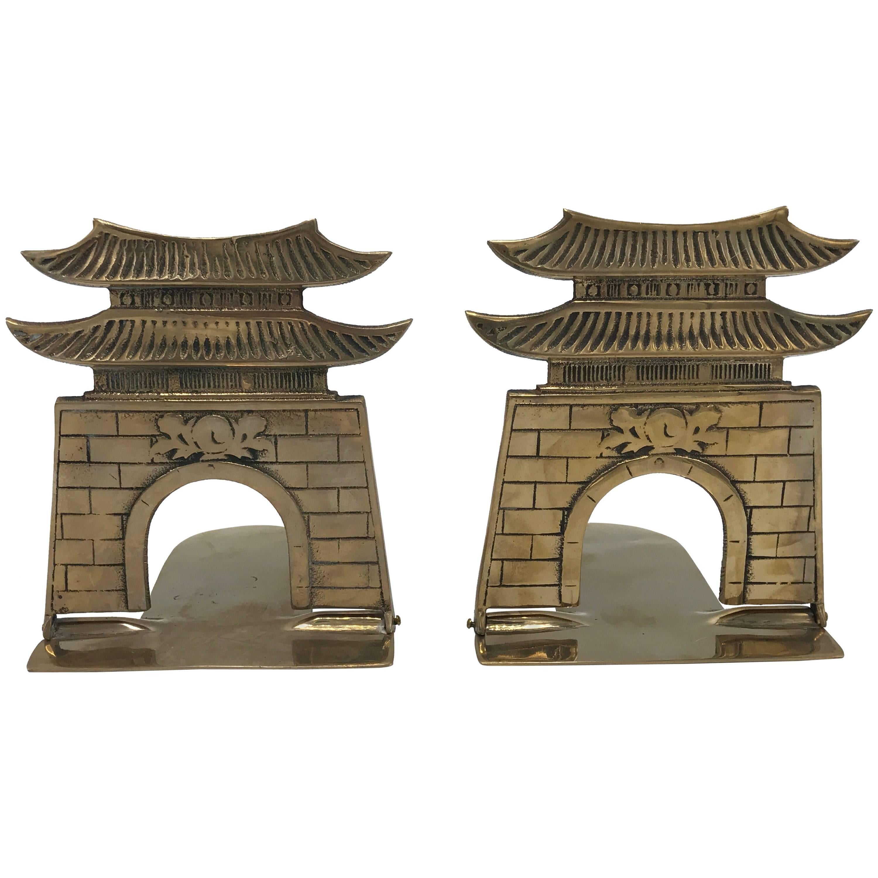 1970s Brass Pagoda Bookends, Pair
