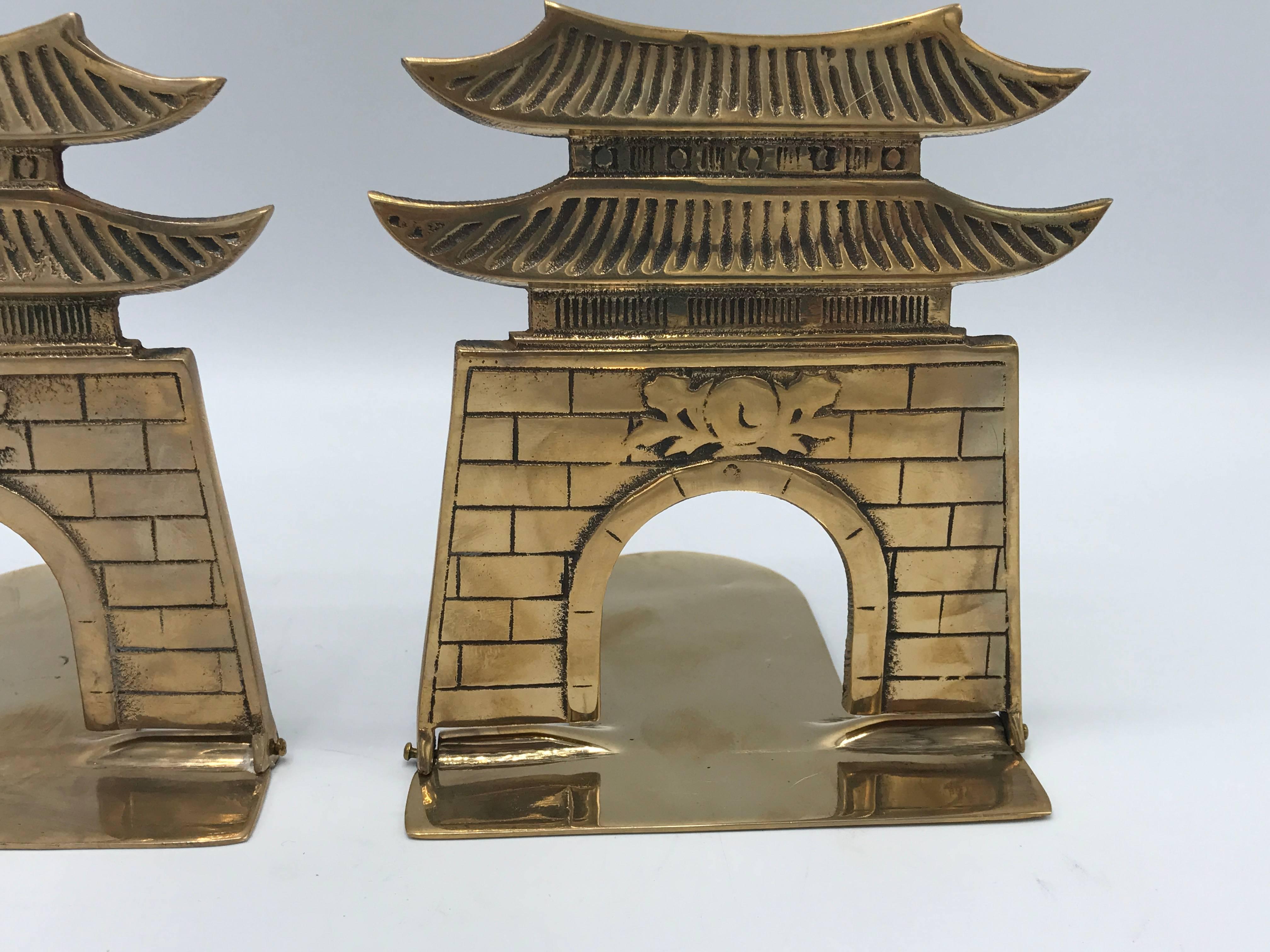 Chinoiserie 1970s Brass Pagoda Bookends, Pair