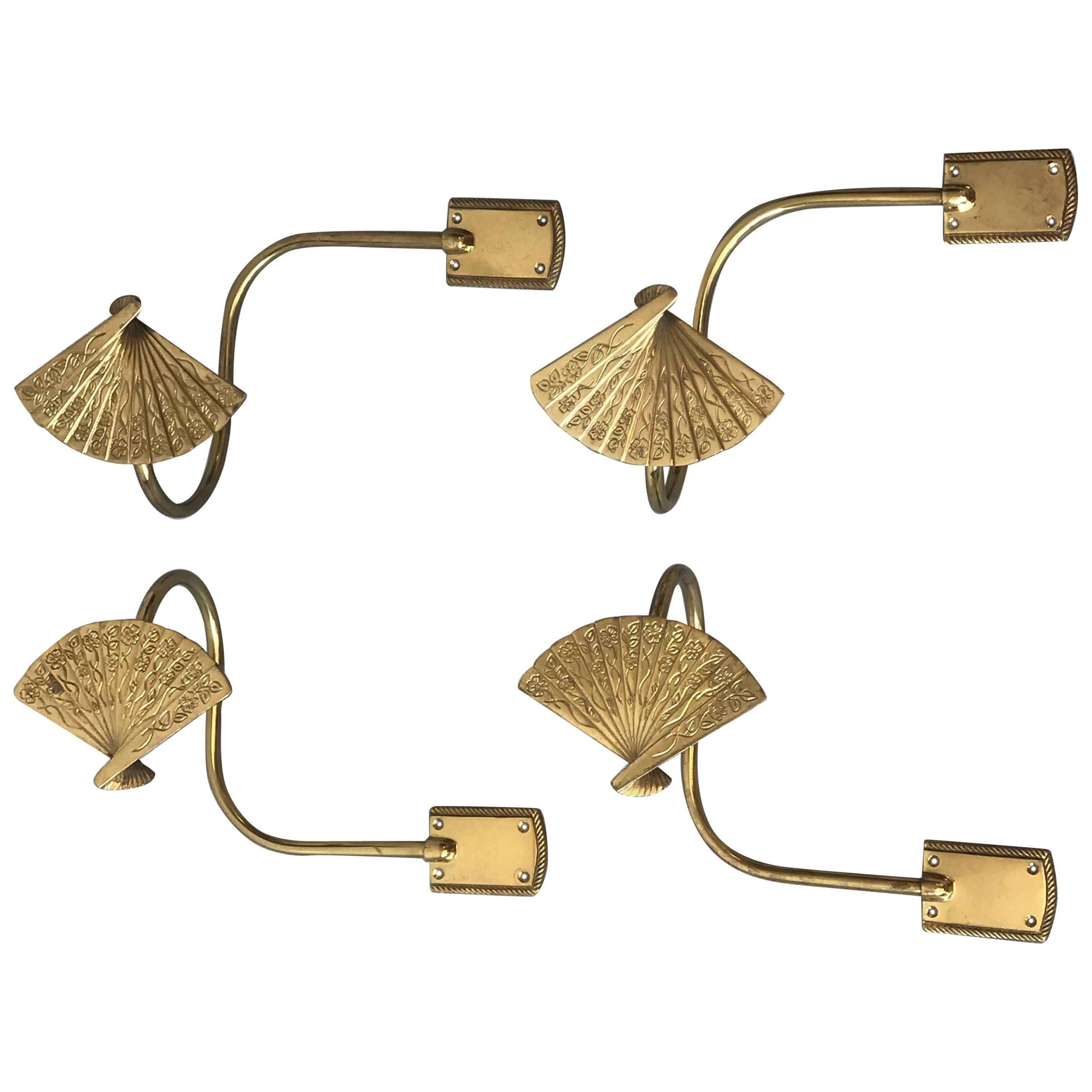 1960s Brass Chinoiserie Fan Curtain Tie Backs, Pair